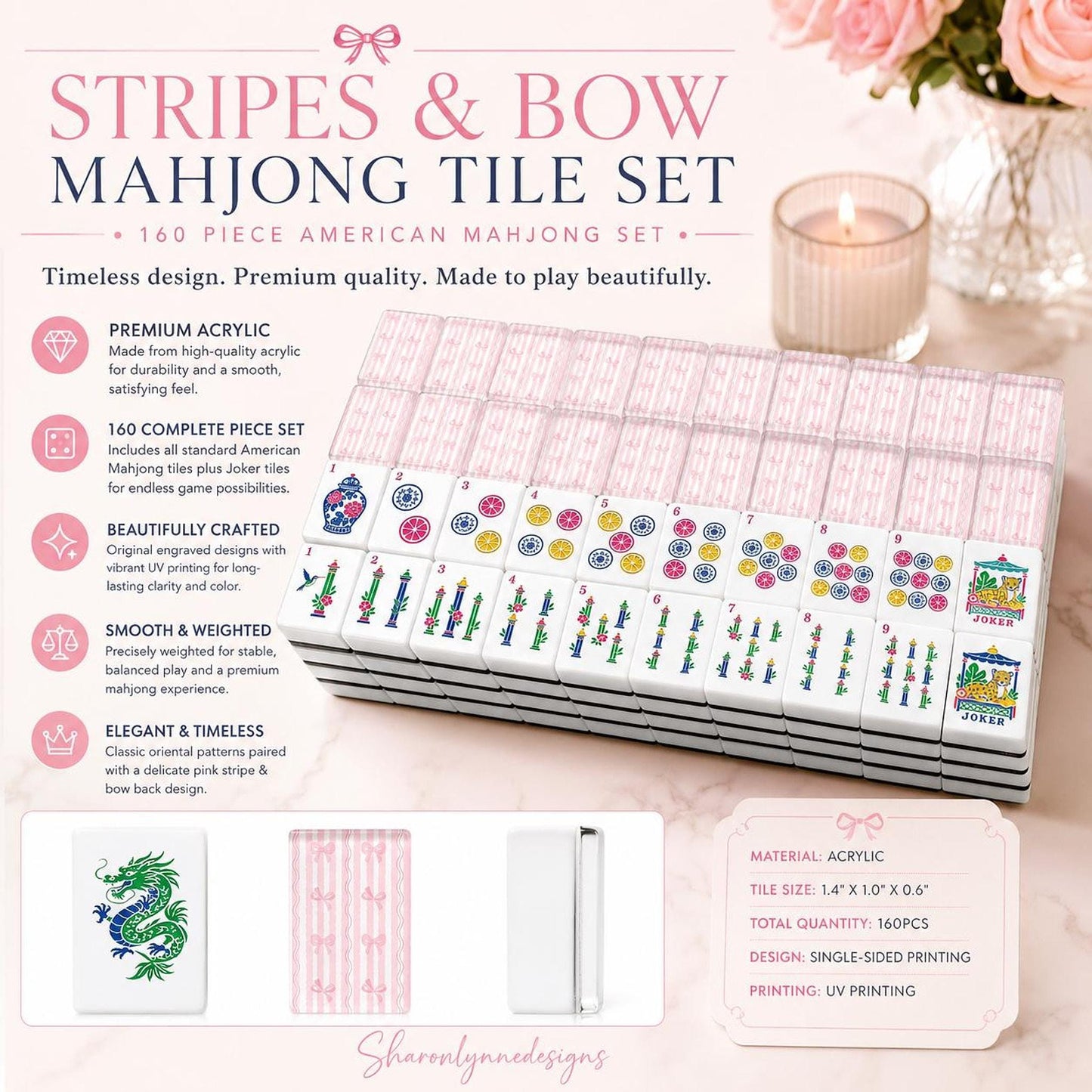 American Mahjong Set with Pink Stripes & Bows, 160 Piece Acrylic Tiles