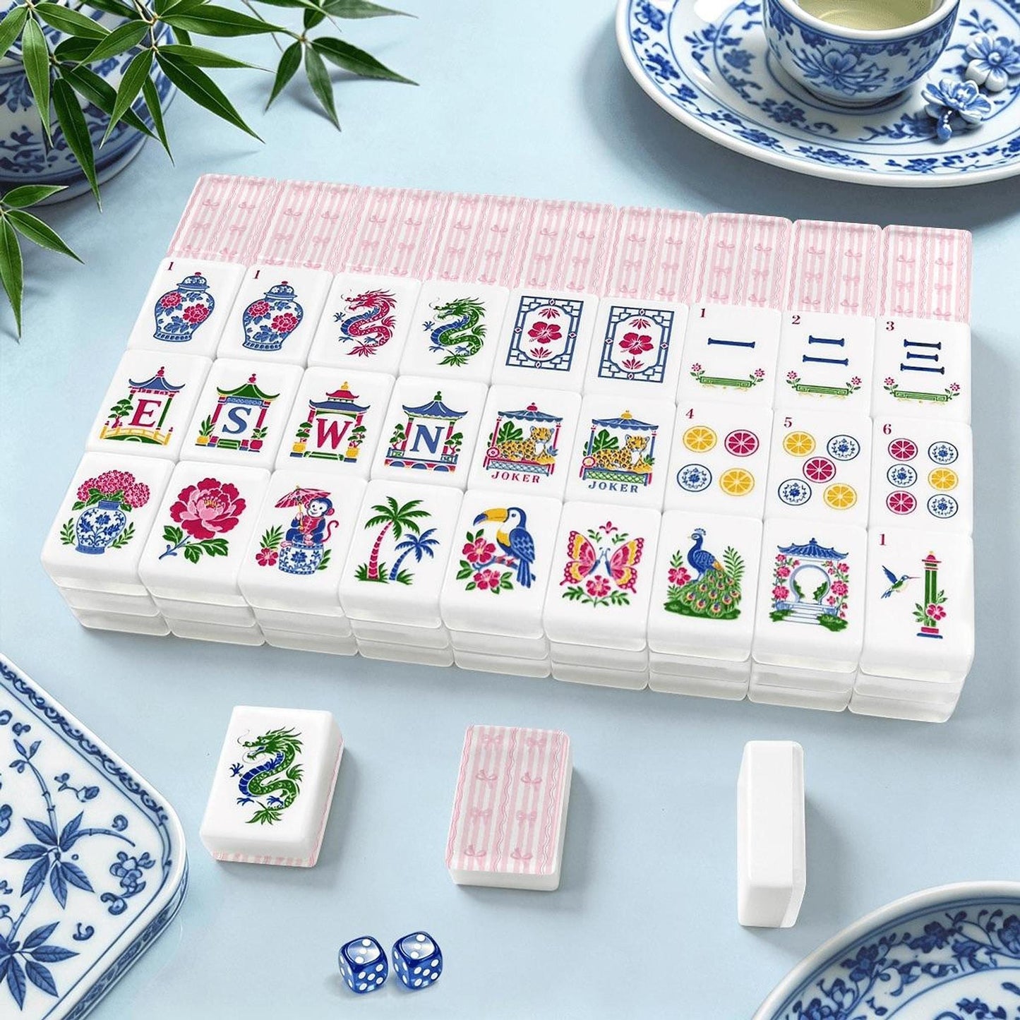 American Mahjong Set with Pink Stripes & Bows, 160 Piece Acrylic Tiles