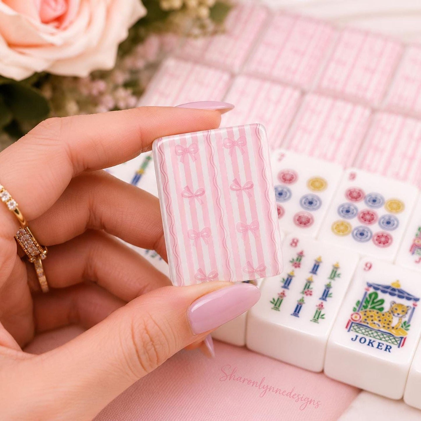 American Mahjong Set with Pink Stripes & Bows, 160 Piece Acrylic Tiles