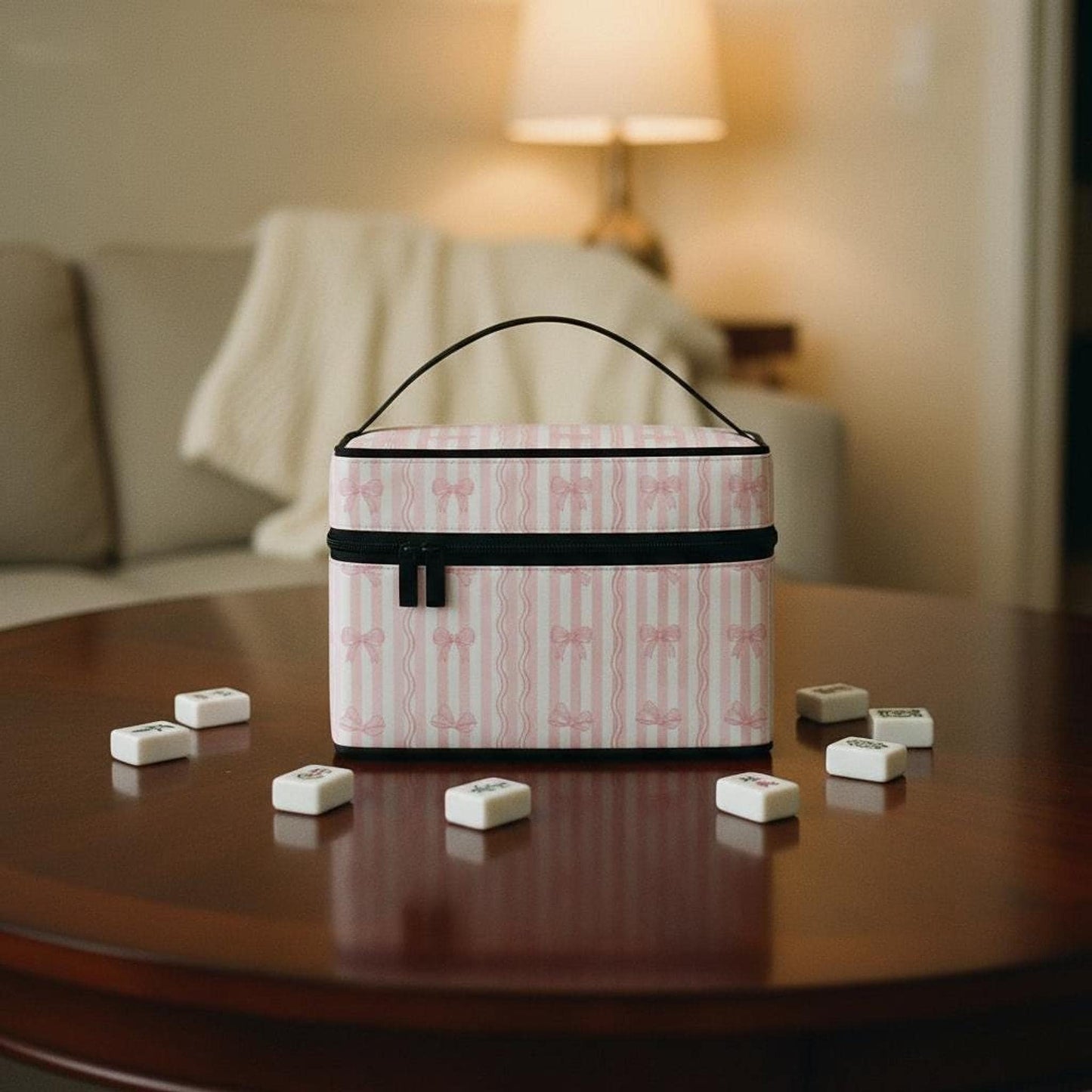 Pink Mahjong Bag with Stripes and Bows, Durable Storage Tote for Game Nights