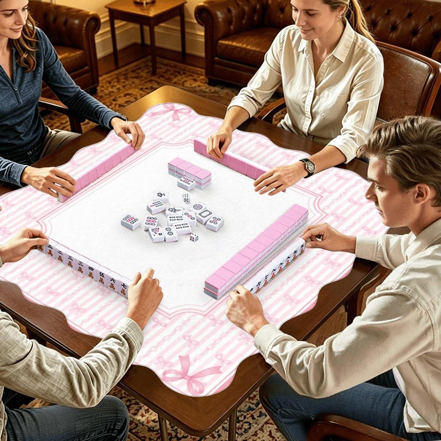 Pink Mahjong Mat with Stripes & Bows, Non-Slip Scalloped Design