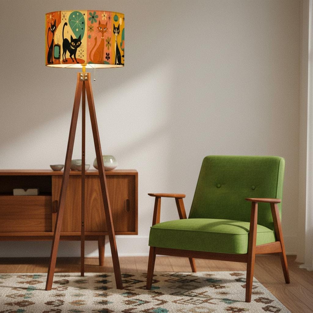 Mid Century Lamp with Retro Cat Artwork, Wooden Tripod Floor Made in USA