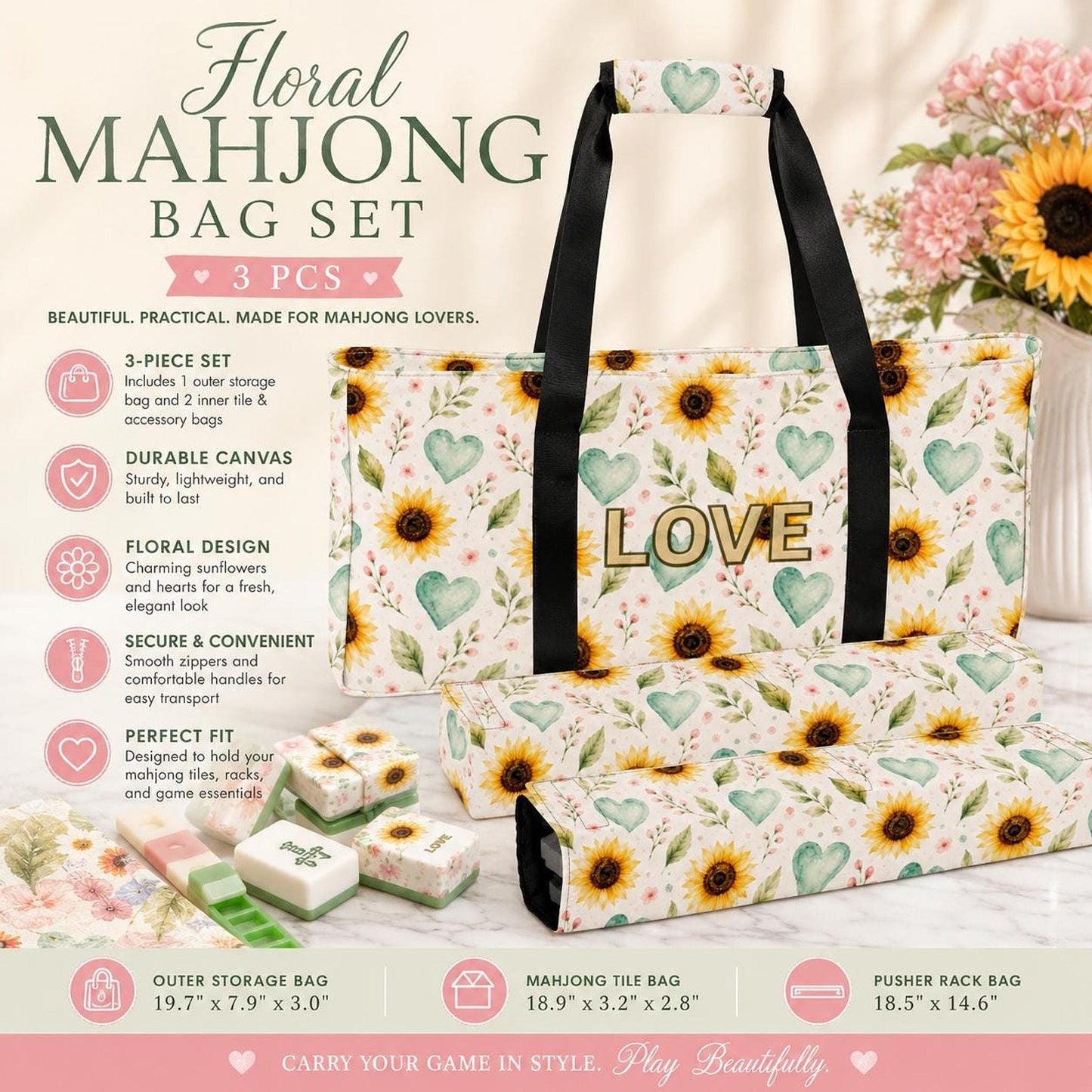 Floral Mahjong Bag Set, 3-Piece Canvas Storage Tote with Tile & Rack Bags