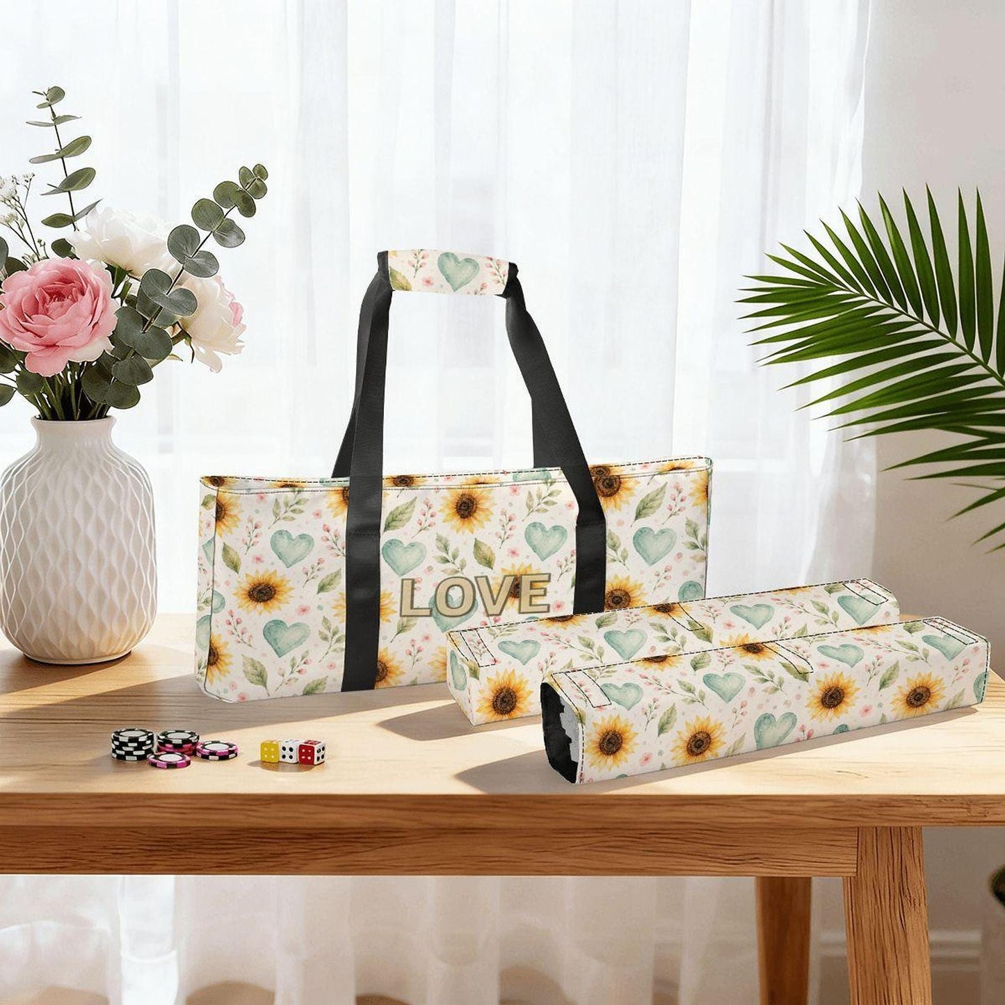 Floral Mahjong Bag Set, 3-Piece Canvas Storage Tote with Tile & Rack Bags