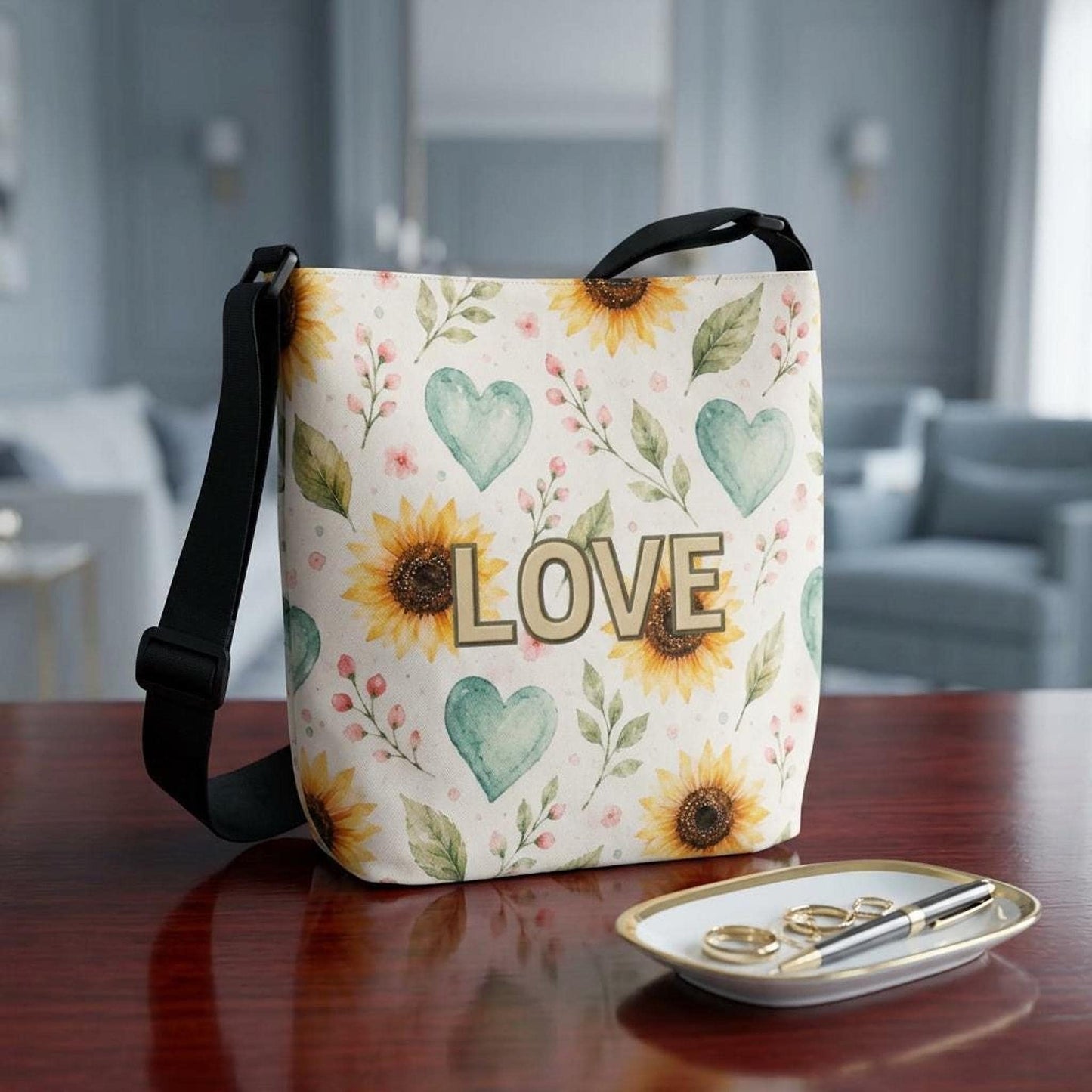 Sunflower Tote Bag with Adjustable Strap, Watercolor Hearts Design