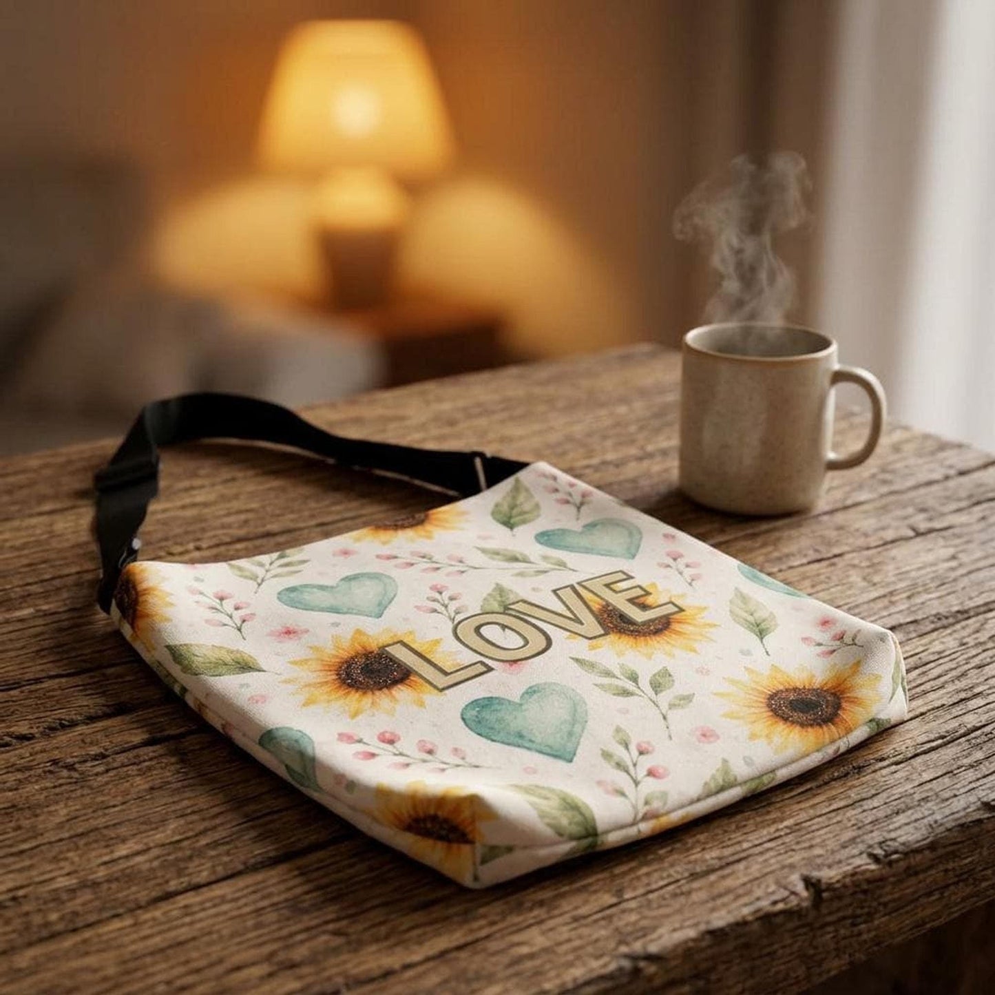 Sunflower Tote Bag with Adjustable Strap, Watercolor Hearts Design