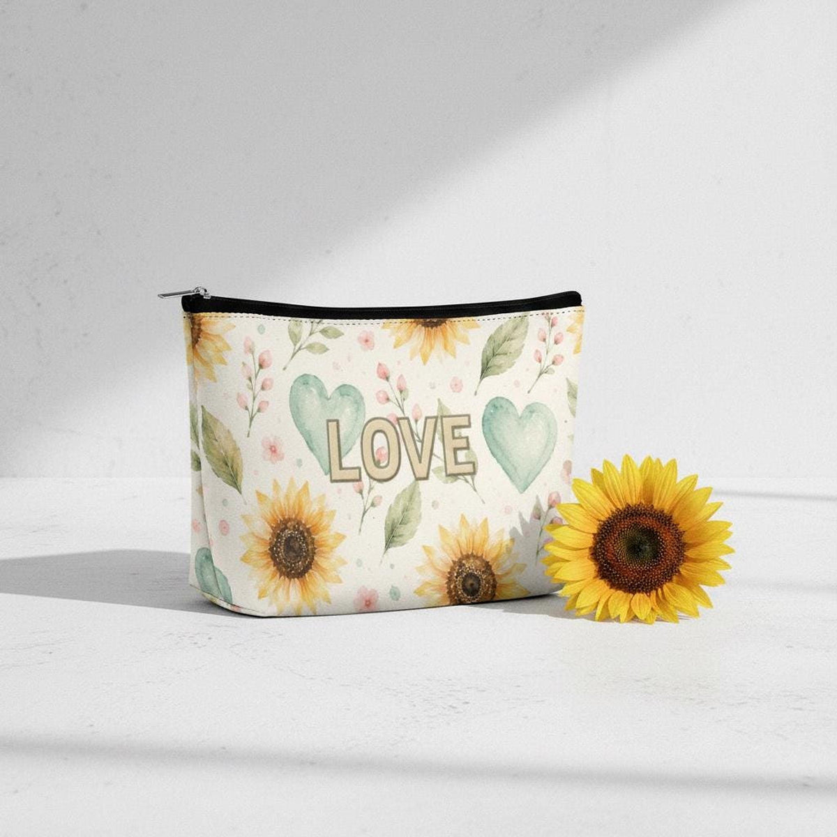 Sunflower Mahjong Makeup Bag, Watercolor Floral Cosmetic Pouch with Durable Zipper