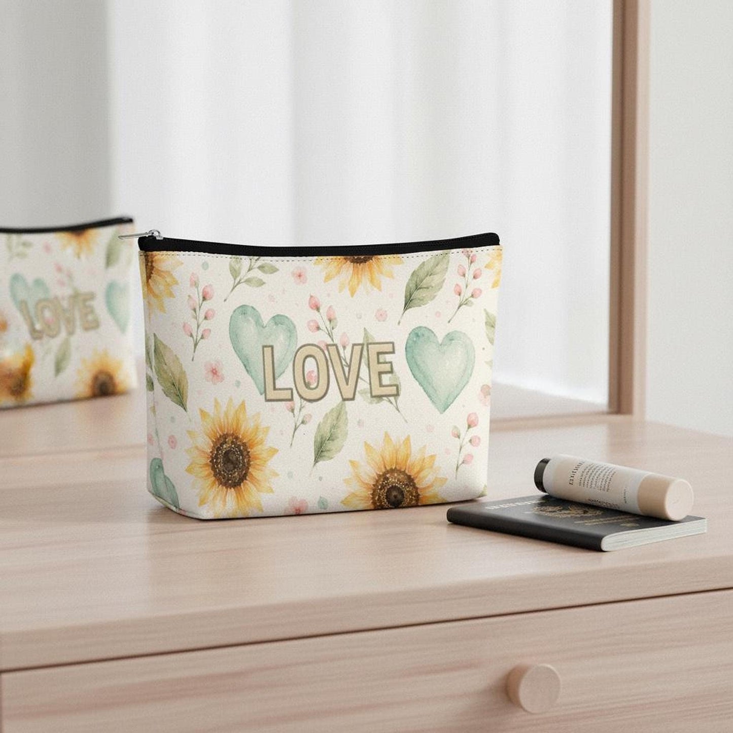 Sunflower Mahjong Makeup Bag, Watercolor Floral Cosmetic Pouch with Durable Zipper