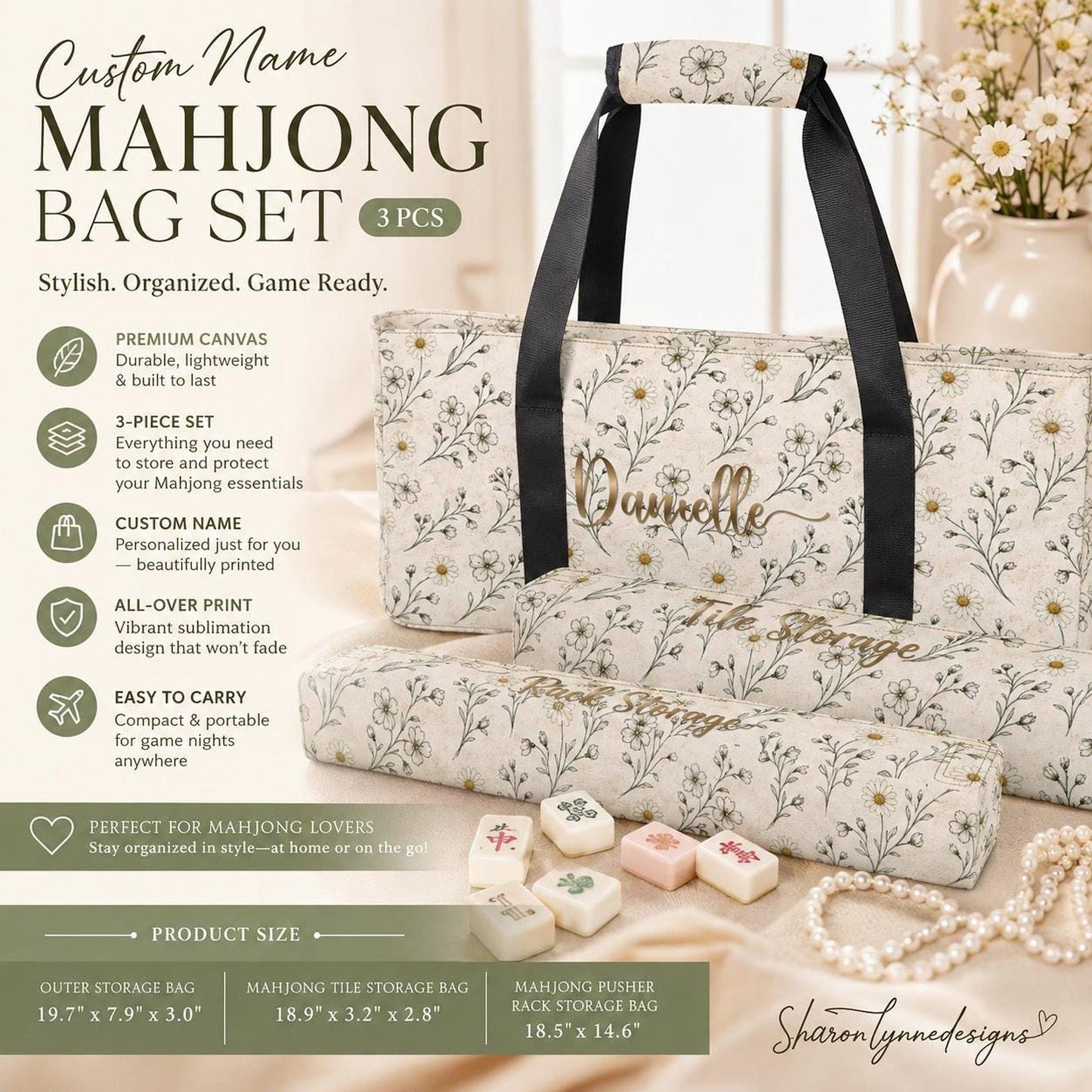 Custom Mahjong Bag Set, Personalized Floral Canvas Storage for Essentials