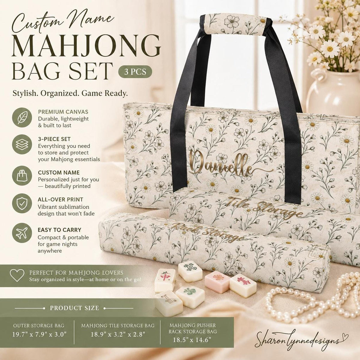 Custom Mahjong Bag Set, Personalized Floral Canvas Storage for Essentials