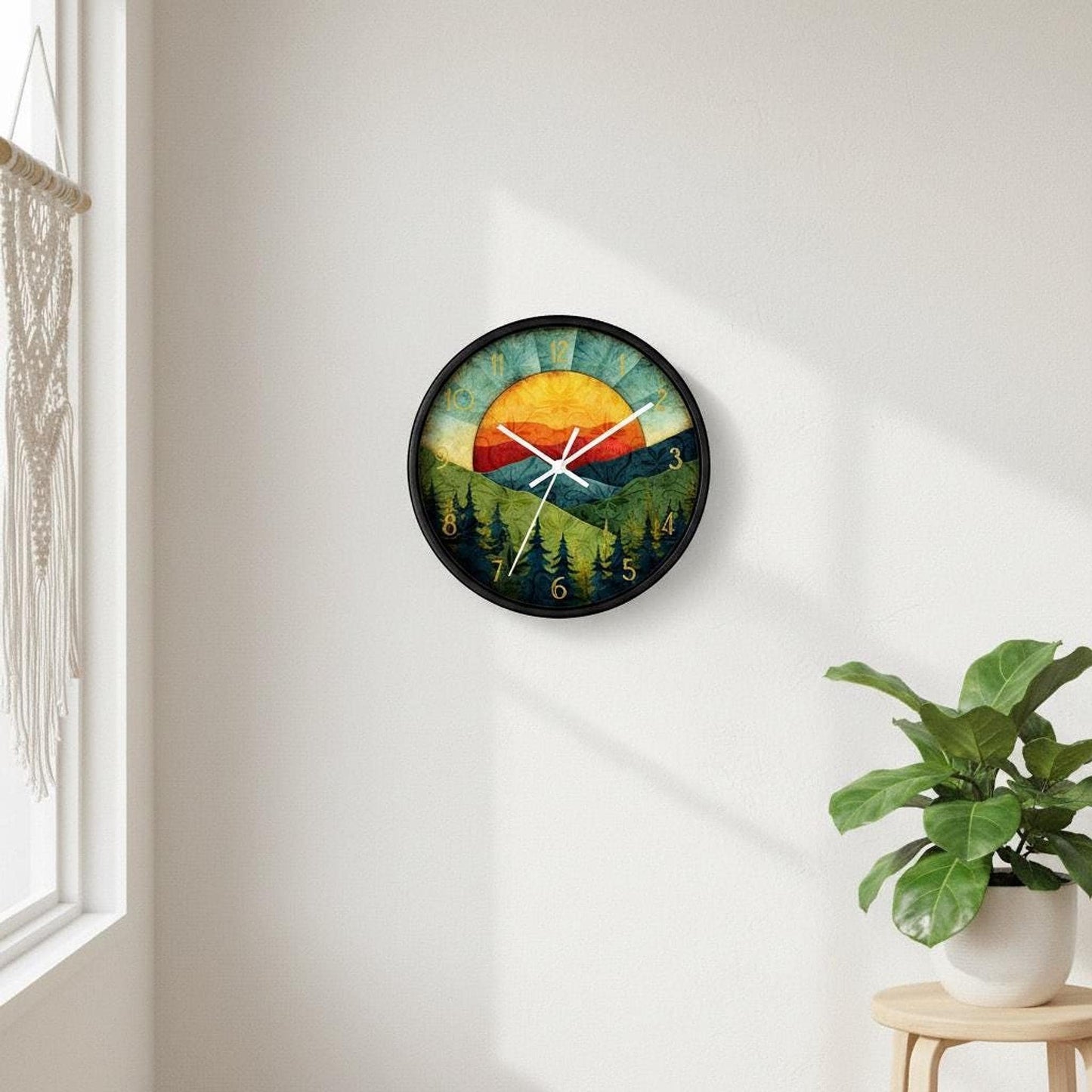 Mountain Wall Clock, Sunset Design with Silent Movement in Plexiglass