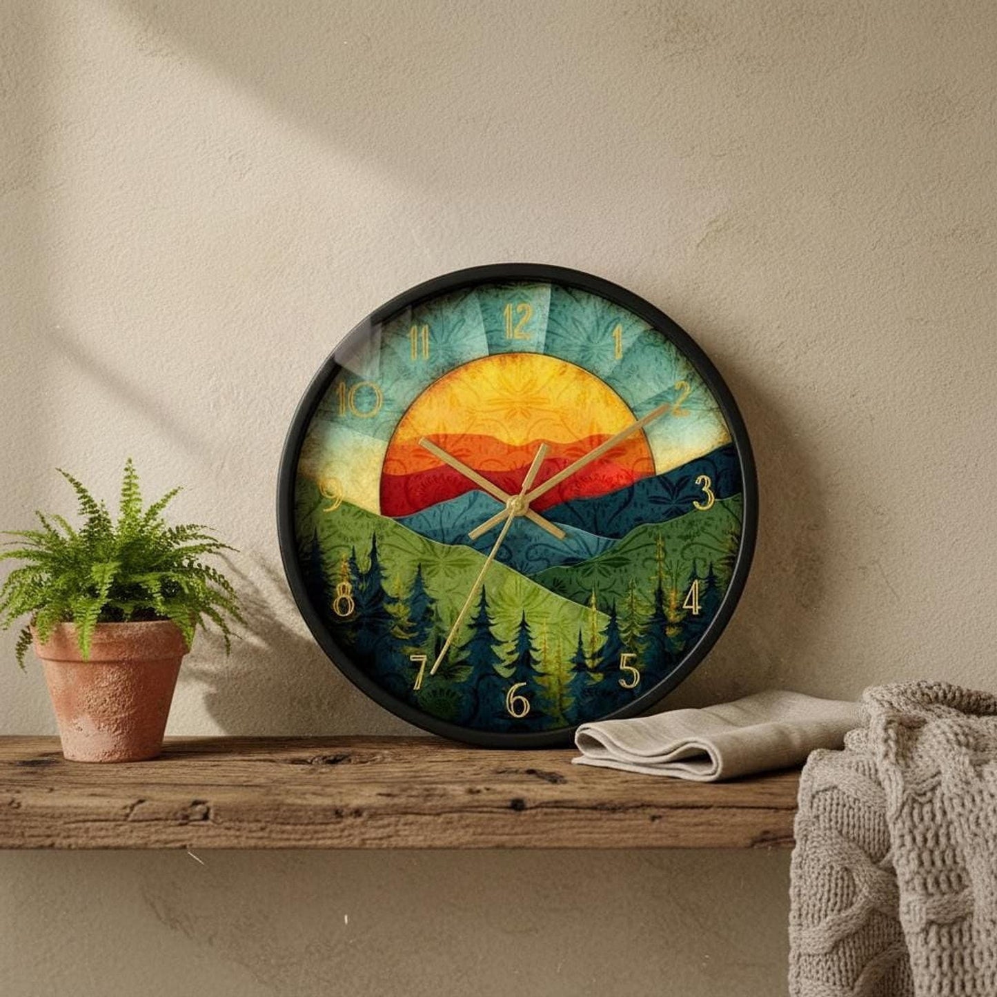 Mountain Wall Clock, Sunset Design with Silent Movement in Plexiglass
