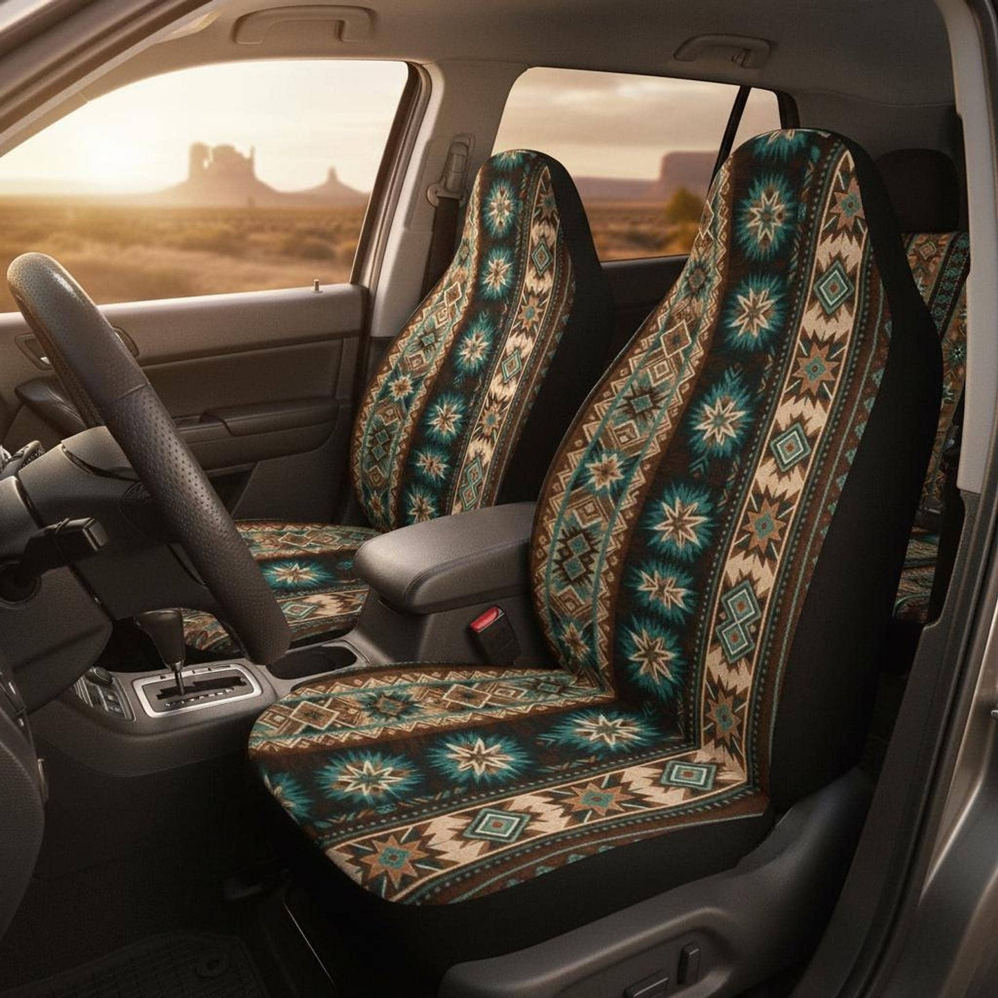 Southwestern Car Seat Covers, Aztec Pattern in Brown and Teal