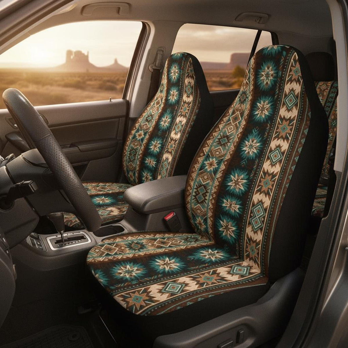 Southwestern Car Seat Covers, Aztec Pattern in Brown and Teal