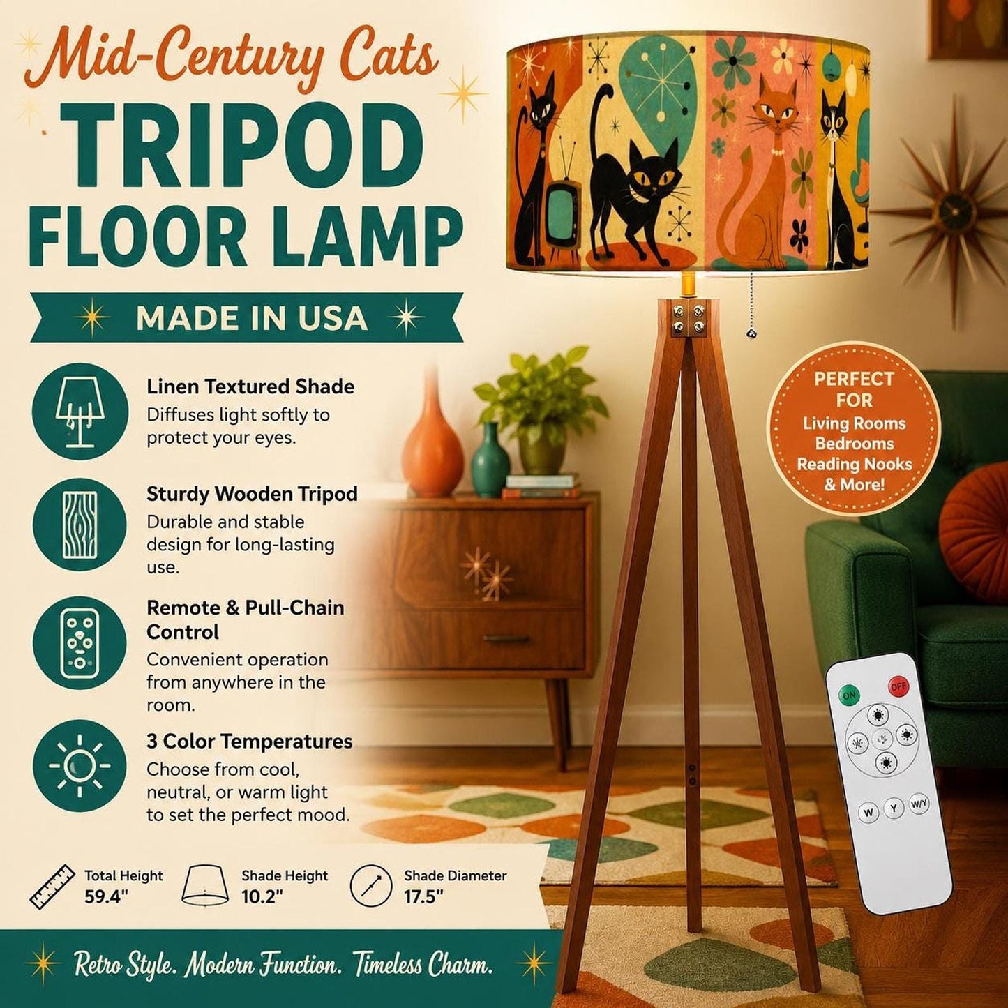Mid Century Lamp with Retro Cat Artwork, Wooden Tripod Floor Made in USA