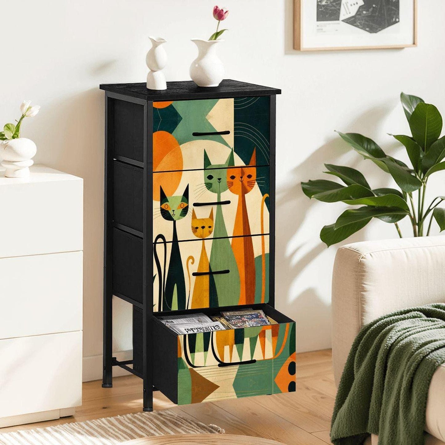 Mid Century Dresser with Fabric Drawers | Vintage Style Storage Cabinet