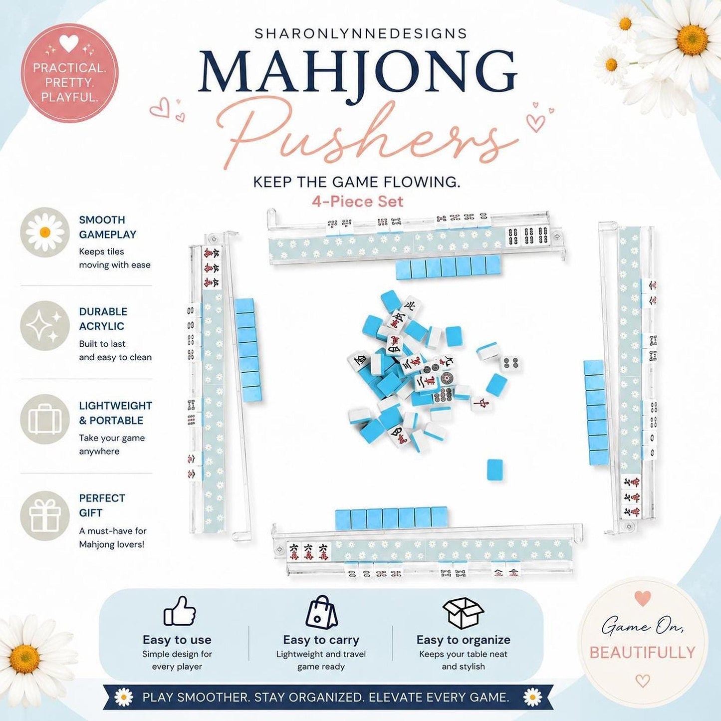 Mahjong Table Aid - Daisy Acrylic Tile Pushers Set of 4 with UV Printing