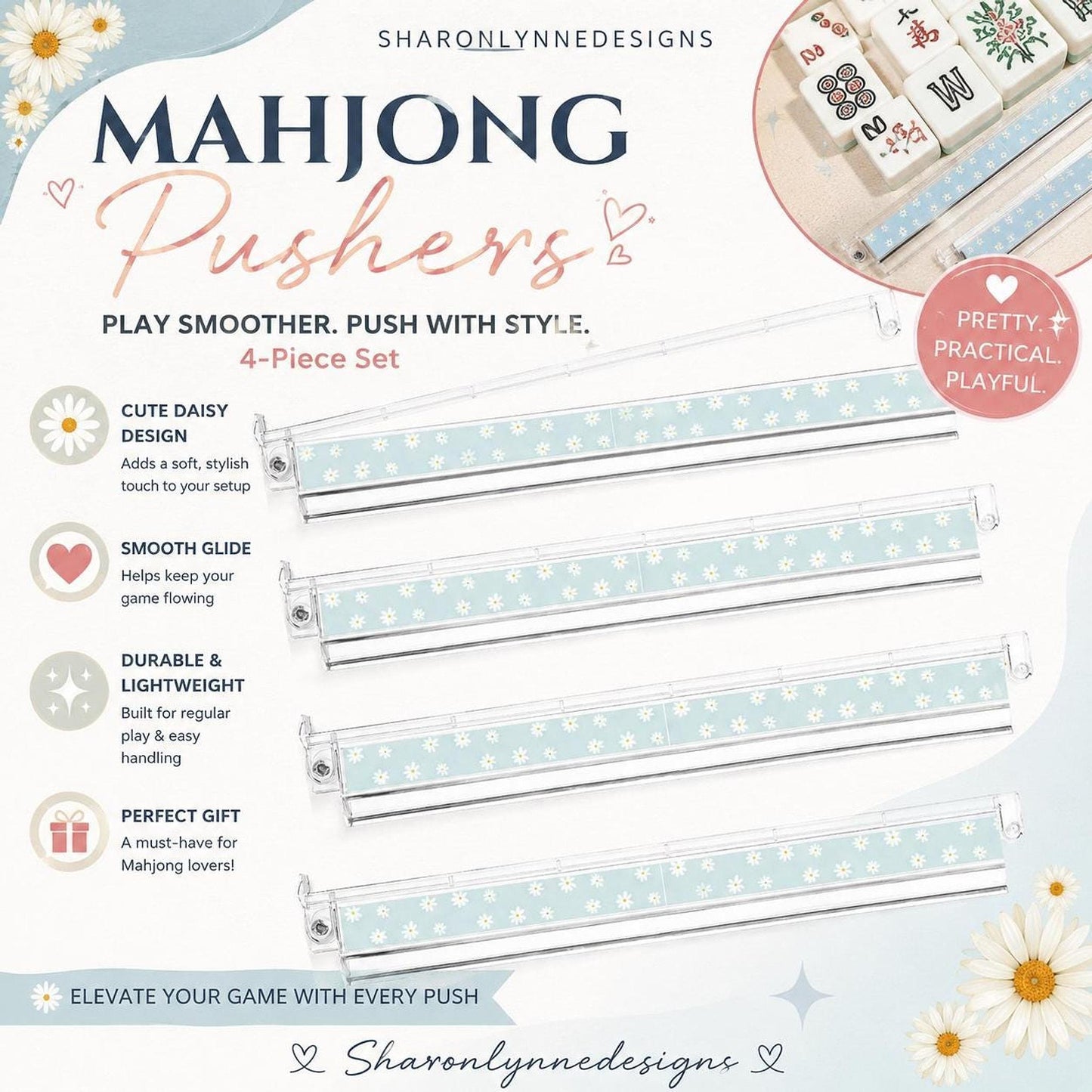 Mahjong Table Aid - Daisy Acrylic Tile Pushers Set of 4 with UV Printing