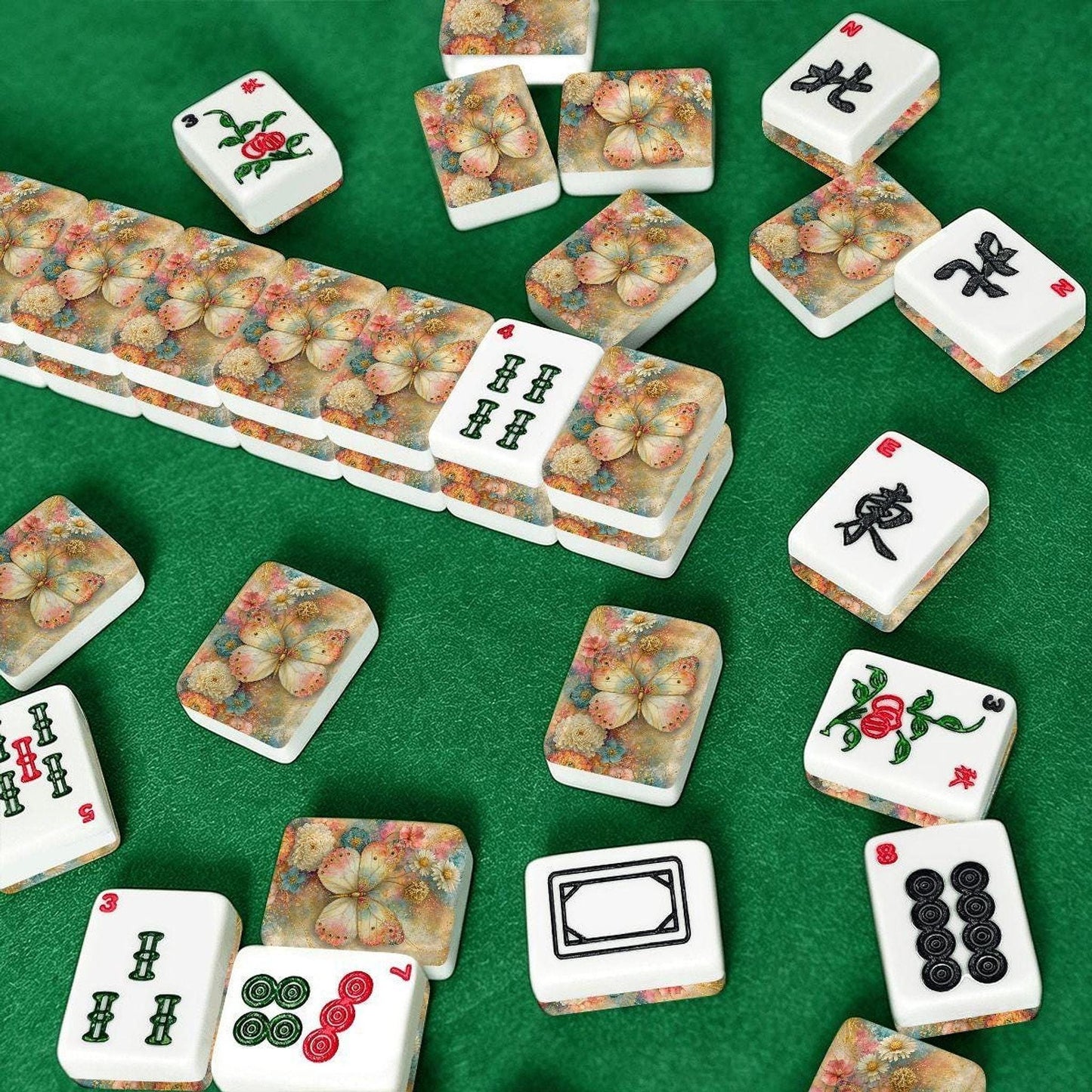 Acrylic Mahjong Set, Butterfly Garden Design with Floral Tiles
