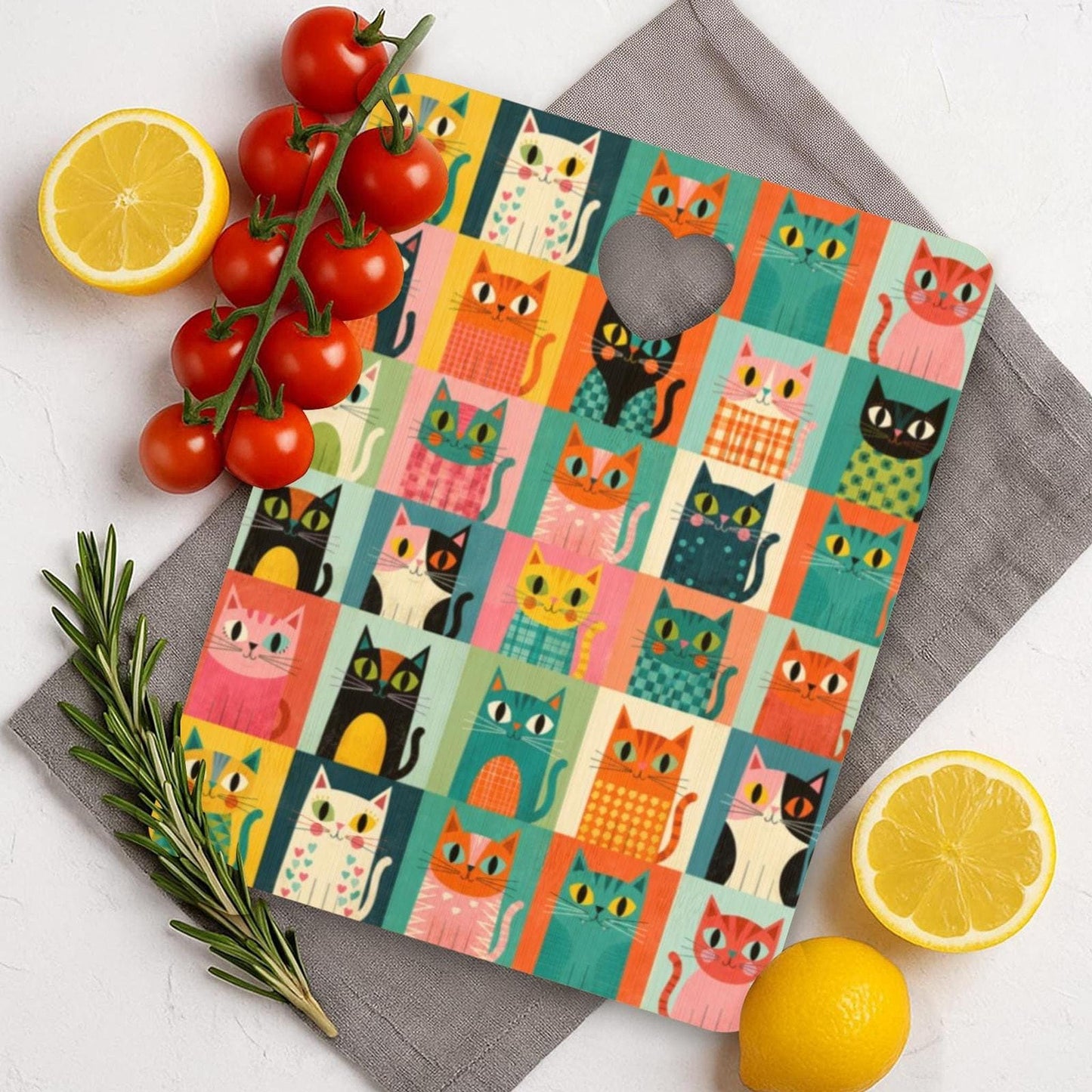 Cat Cutting Board, Retro Bamboo Design with Heart-Shaped Cutout