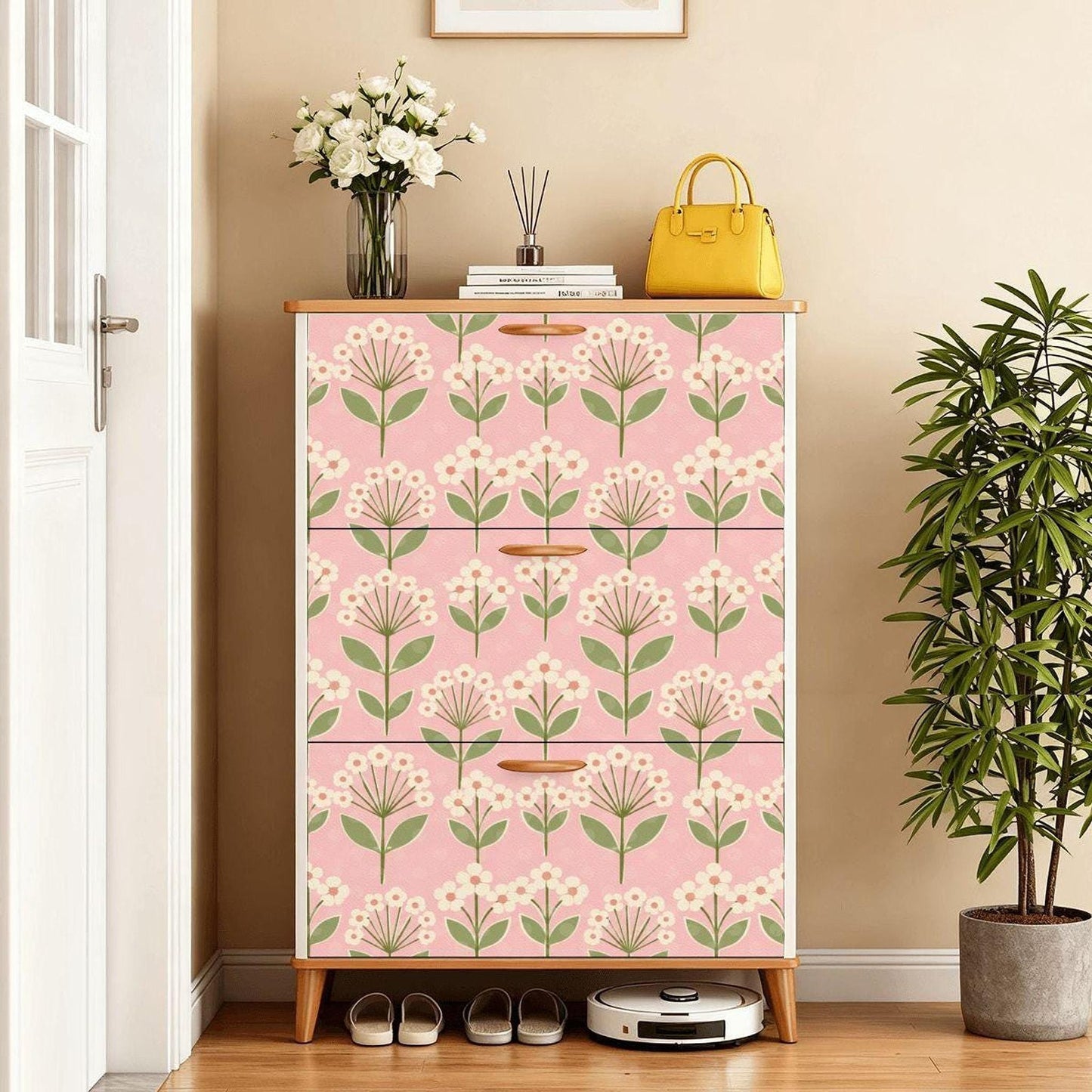 Pink Shoe Cabinet with Floral Design, Durable MDF Storage Organizer