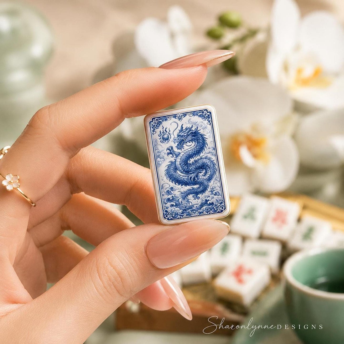 Dragon Mahjong Set, Blue Acrylic Tiles with Vibrant UV Printing