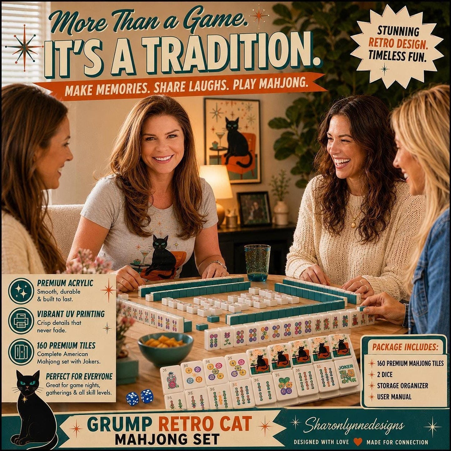 Retro Mahjong Set with Grump Cat Design, 160 Acrylic Tiles