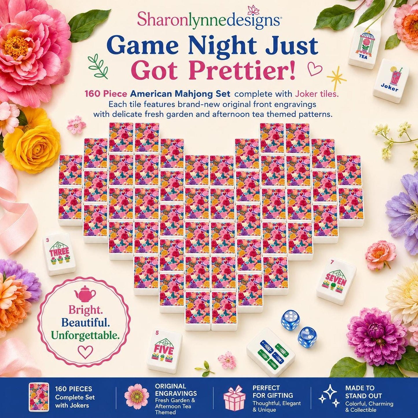 Floral Mahjong Set, Colorful 160-Piece Acrylic Tiles with Garden Designs