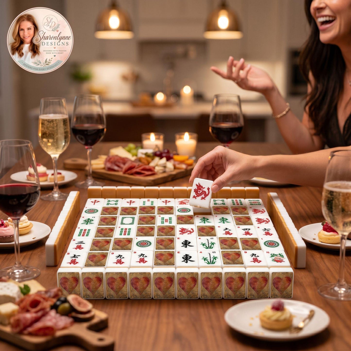 Heart Mahjong Set, Acrylic Tile Game with Love Symbols and Jokers