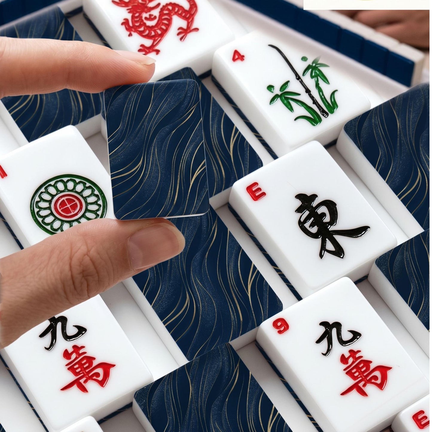 Mahjong Tile Set, Navy Blue & Gold Acrylic Game Pieces Collection