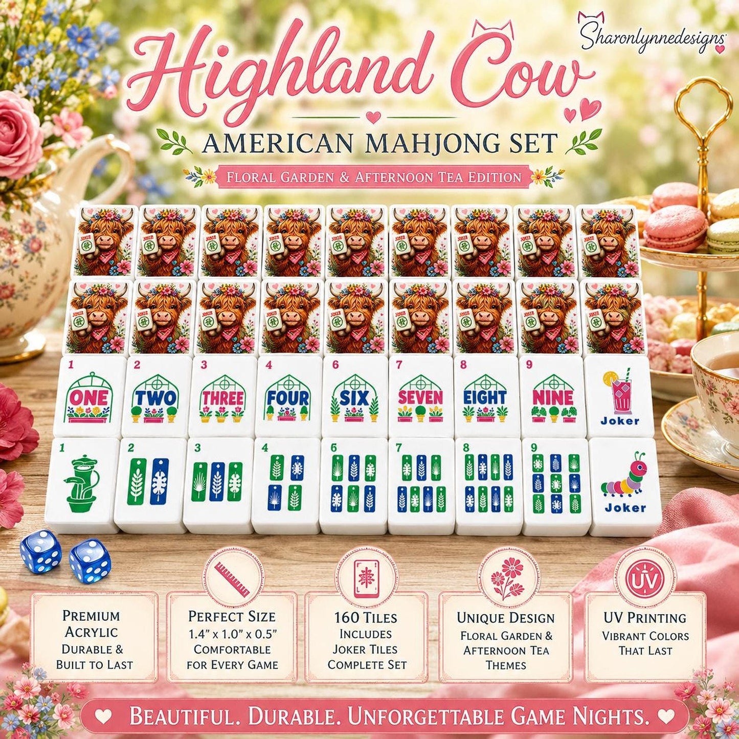Highland Cow Mahjong Set, Floral Garden Acrylic Game Pieces with Joker Tiles