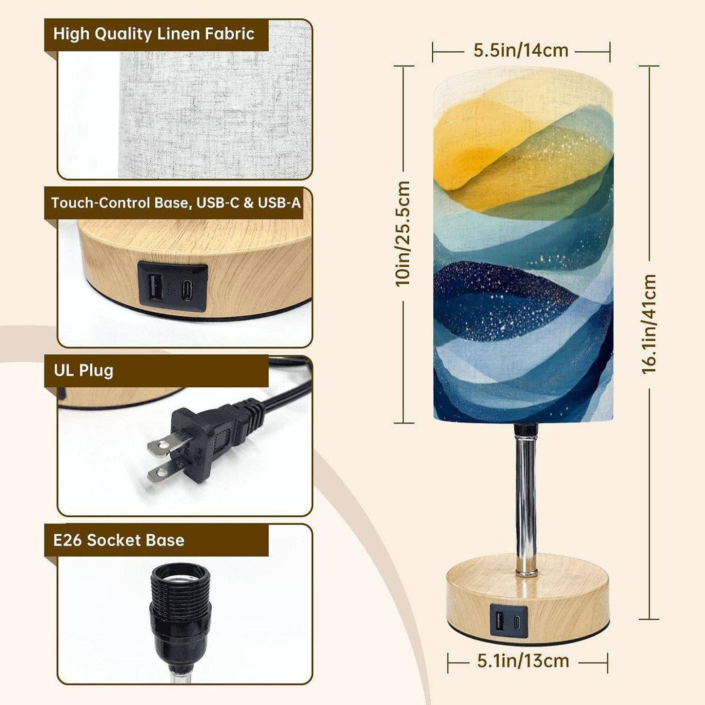 Ocean Touch Lamp with USB Ports, Coastal-Inspired Bedside Nightlight