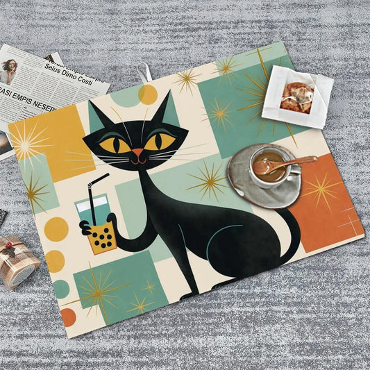 Boba Cat Dish Drying Mat with Mid-Century Cat Design, Absorbent Microfiber Kitchen Towel