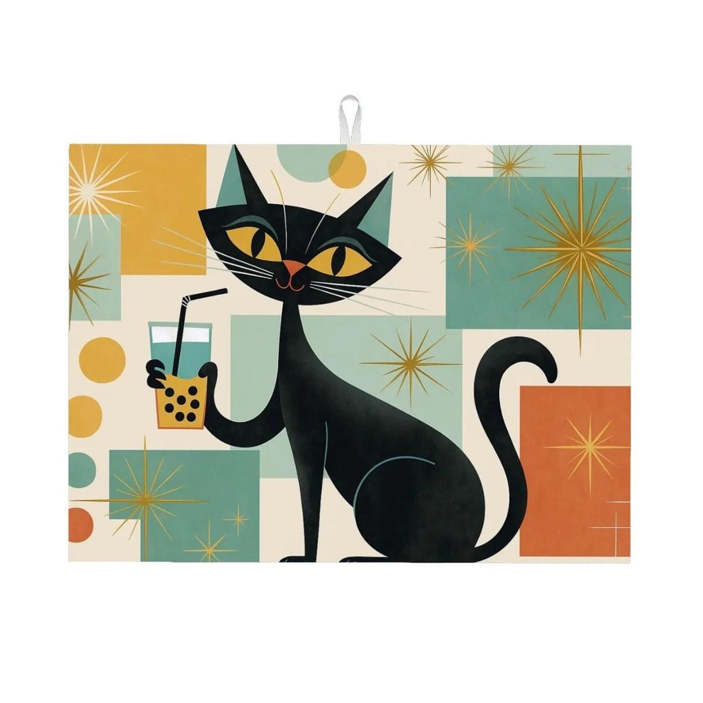 Boba Cat Dish Drying Mat with Mid-Century Cat Design, Absorbent Microfiber Kitchen Towel