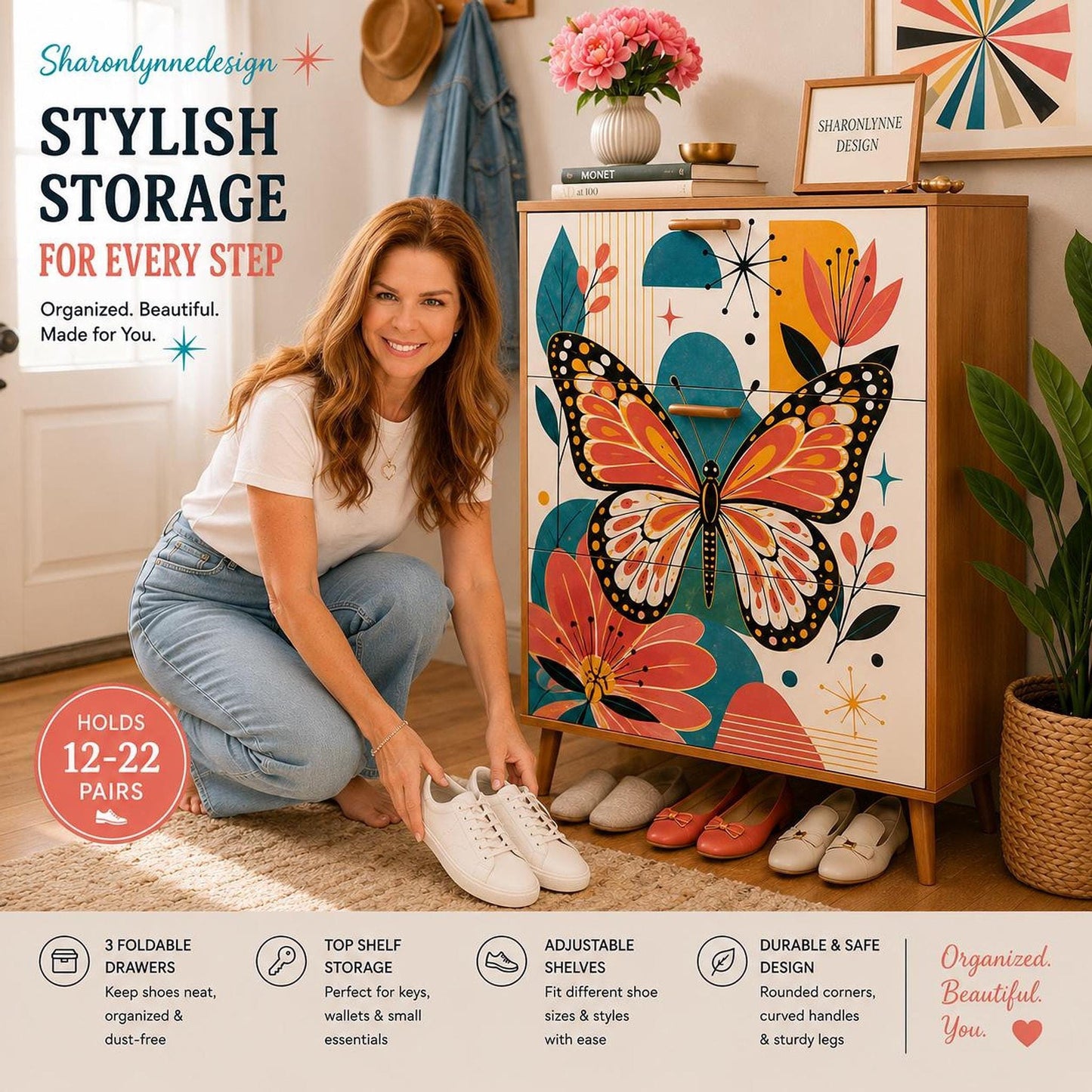 Butterfly Shoe Storage Unit | Mid-Century MDF Organizer for 12-22 Pairs