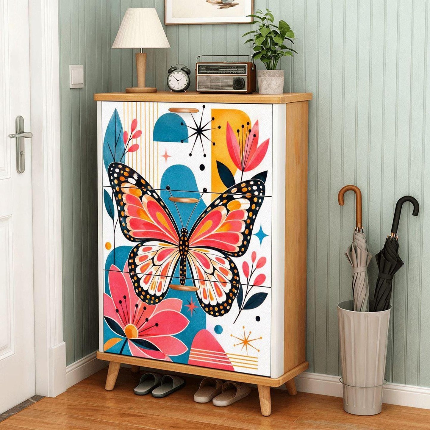 Butterfly Shoe Storage Unit | Mid-Century MDF Organizer for 12-22 Pairs