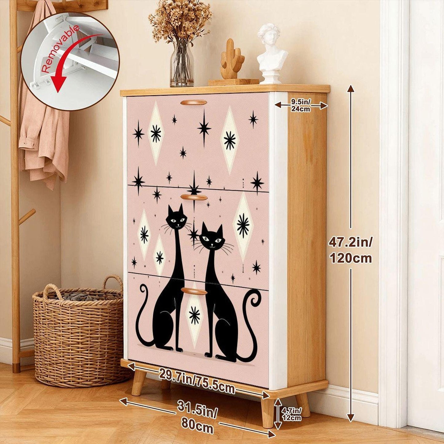 Pink Cat Furniture Shoe Cabinet, Retro Design with Leather-Covered Surface