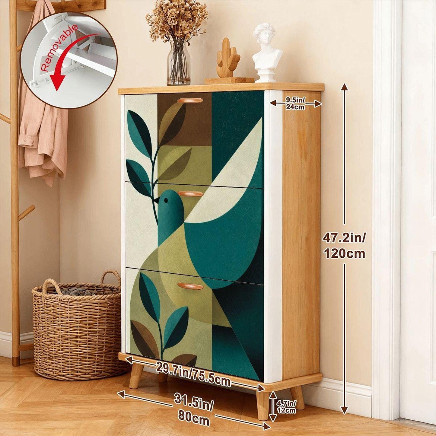 Vintage Shoe Cabinet with Retro Bird Design, Stylish Wooden Organizer Made in USA