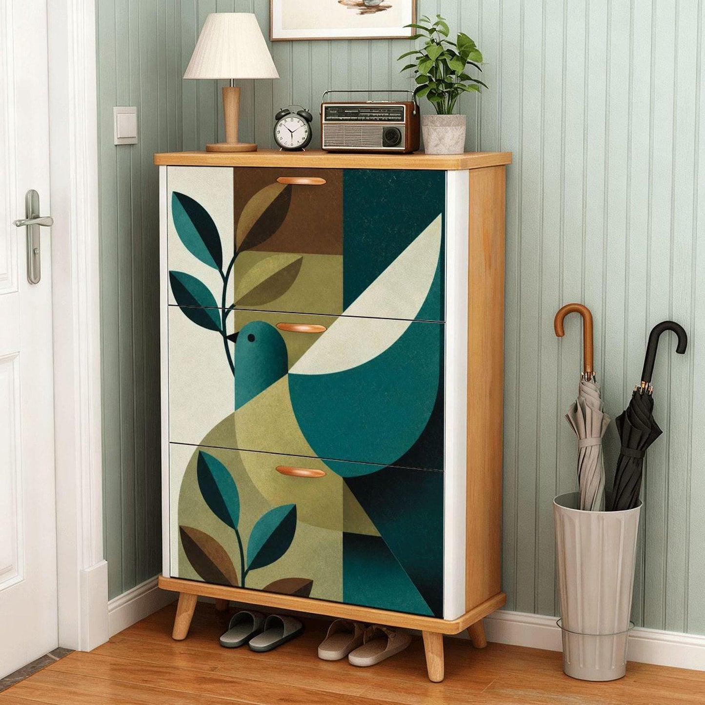 Vintage Shoe Cabinet with Retro Bird Design, Stylish Wooden Organizer Made in USA