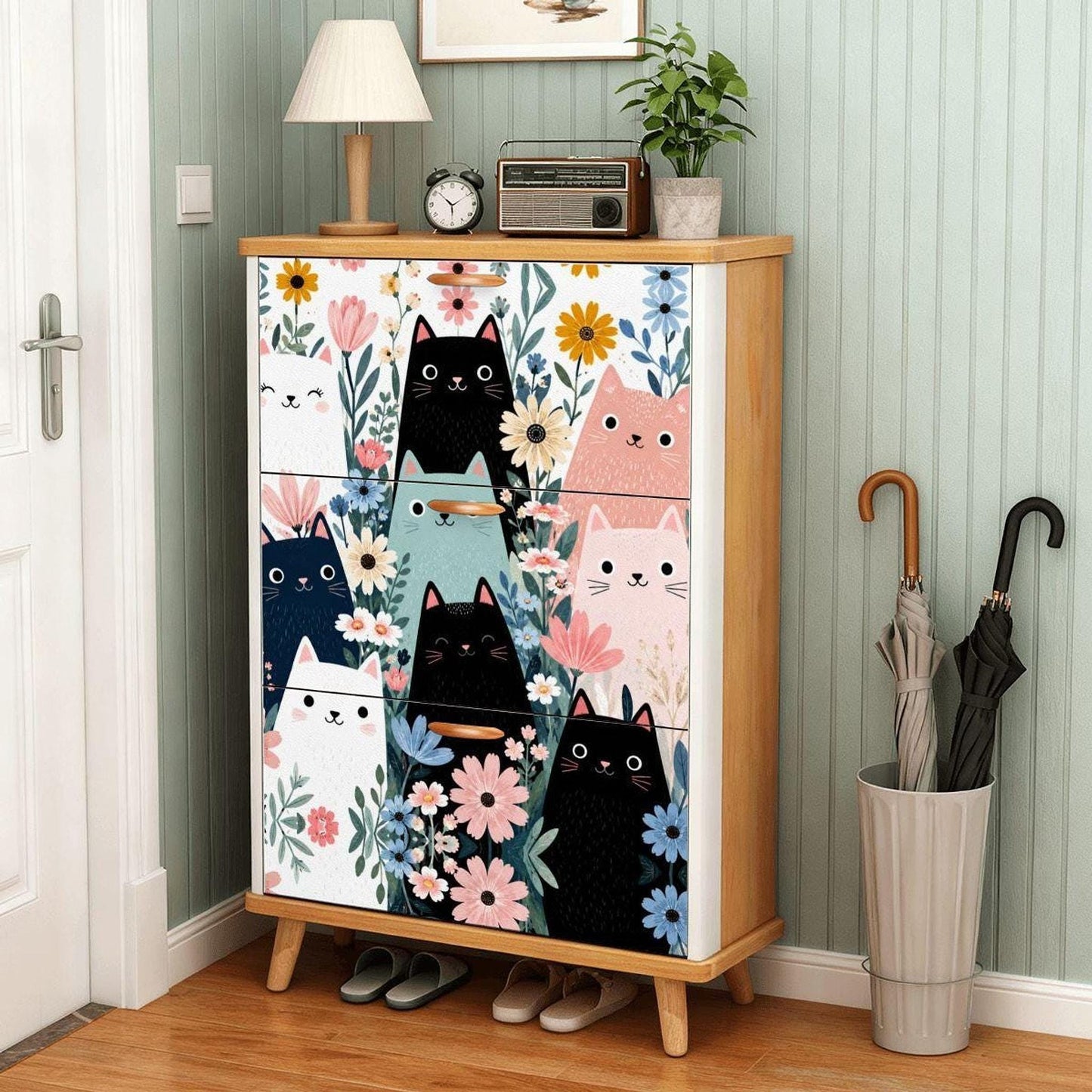Cat Shoe Cabinet with Floral Design, Durable MDF Storage for Entryway