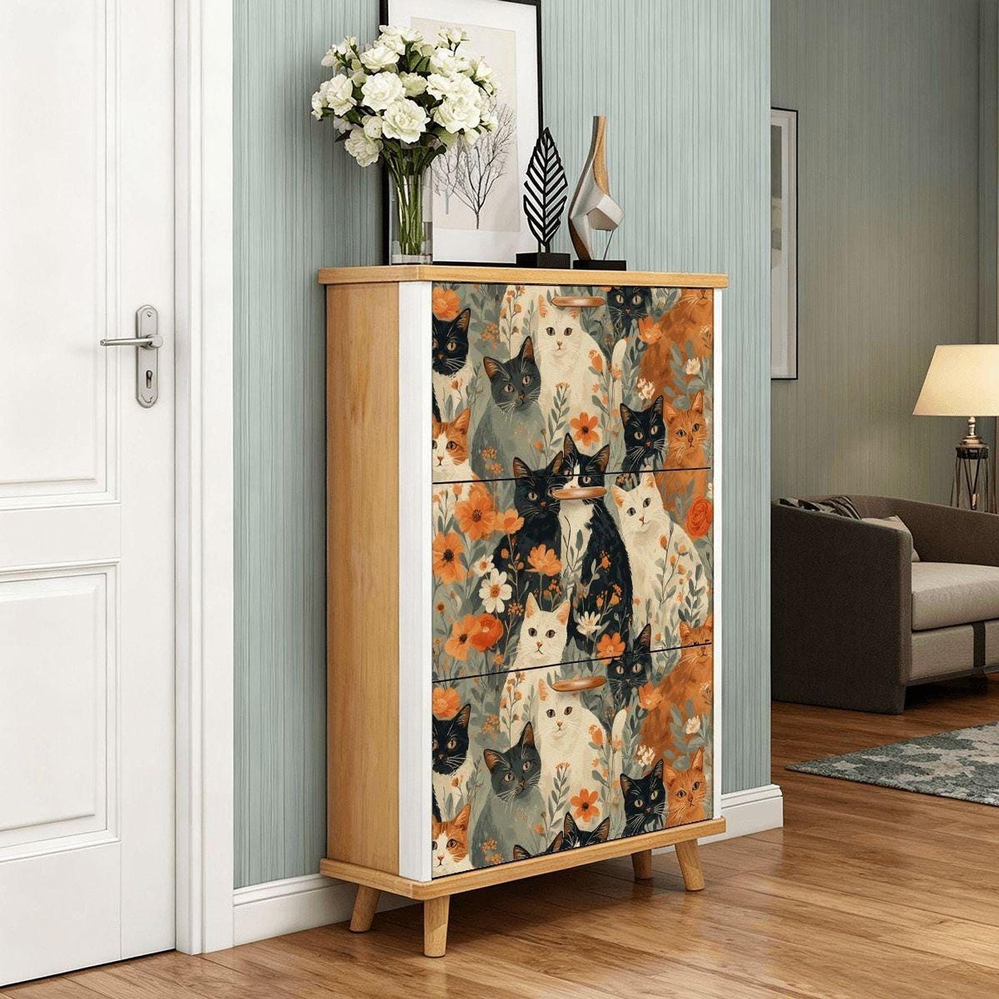 Cat Shoe Cabinet | Vintage MDF Wood Storage Organizer with Charming Cat Design