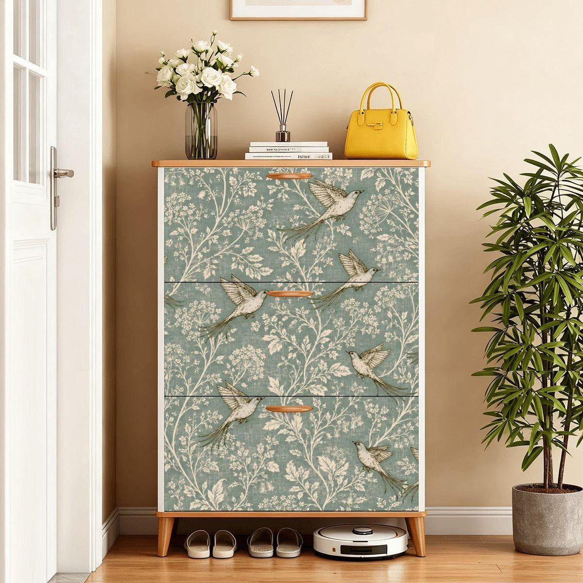 Vintage Shoe Cabinet with Blue Bird Design, Made in USA