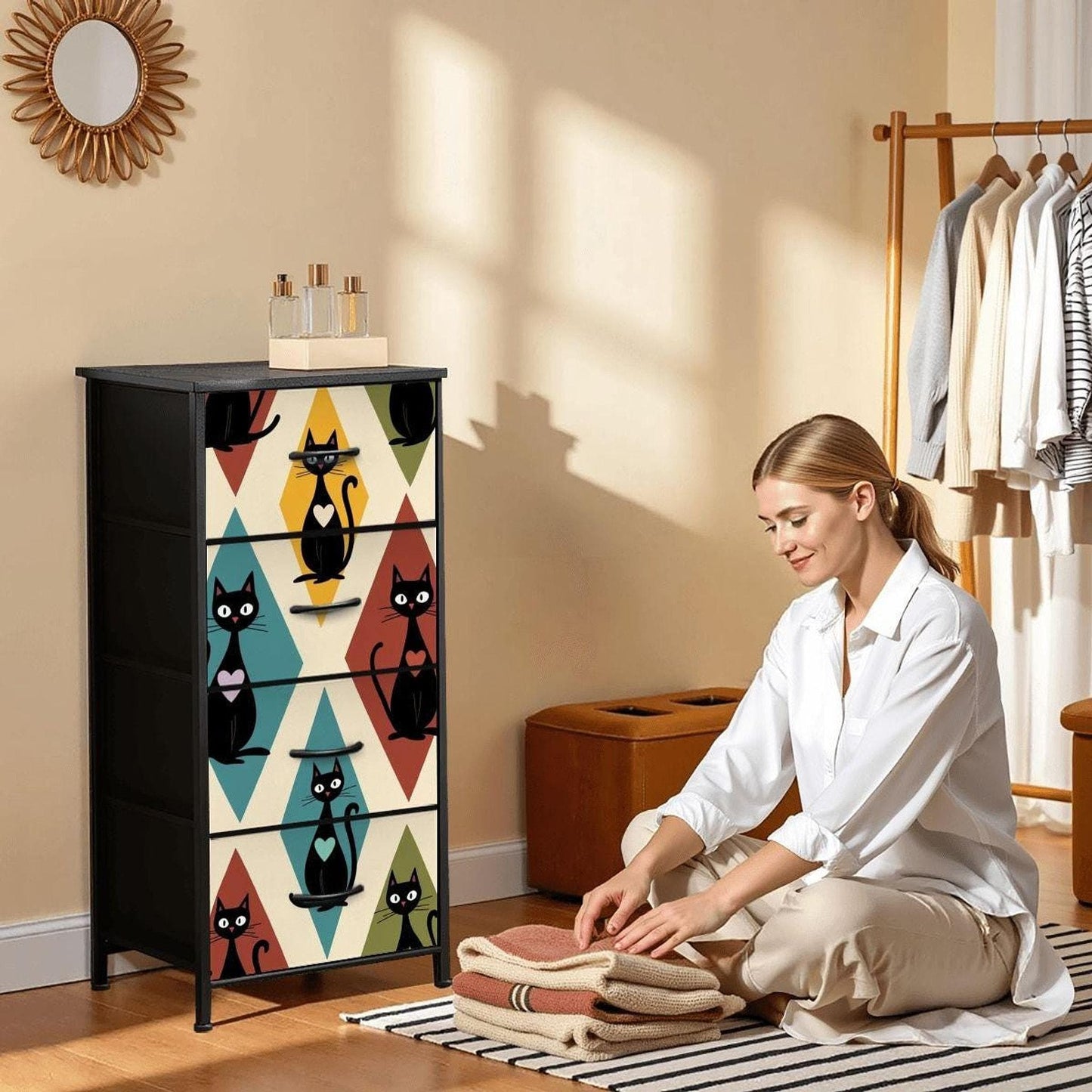 Retro Dresser with 4 Drawers, Colorful Cat Design for Stylish Storage