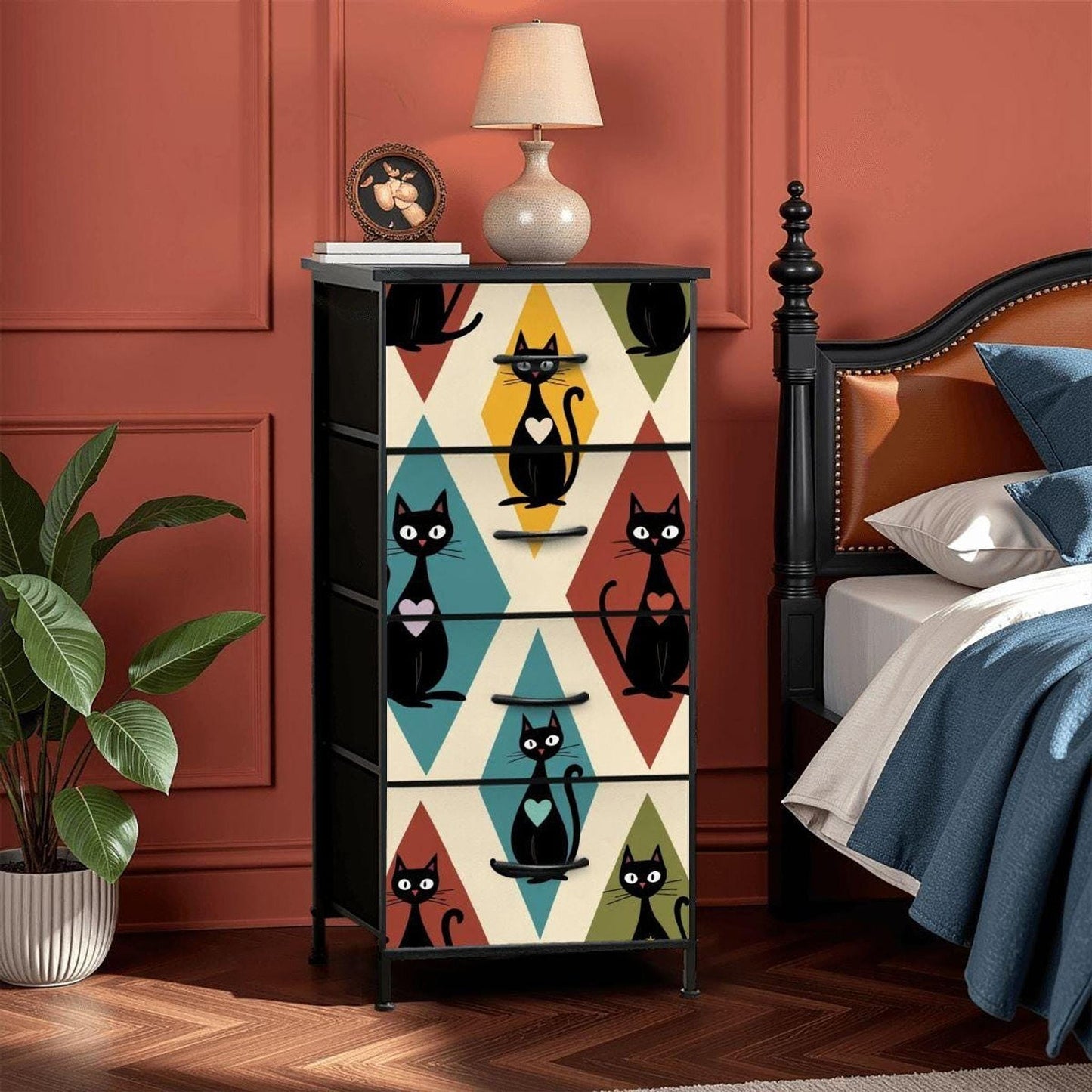 Retro Dresser with 4 Drawers, Colorful Cat Design for Stylish Storage