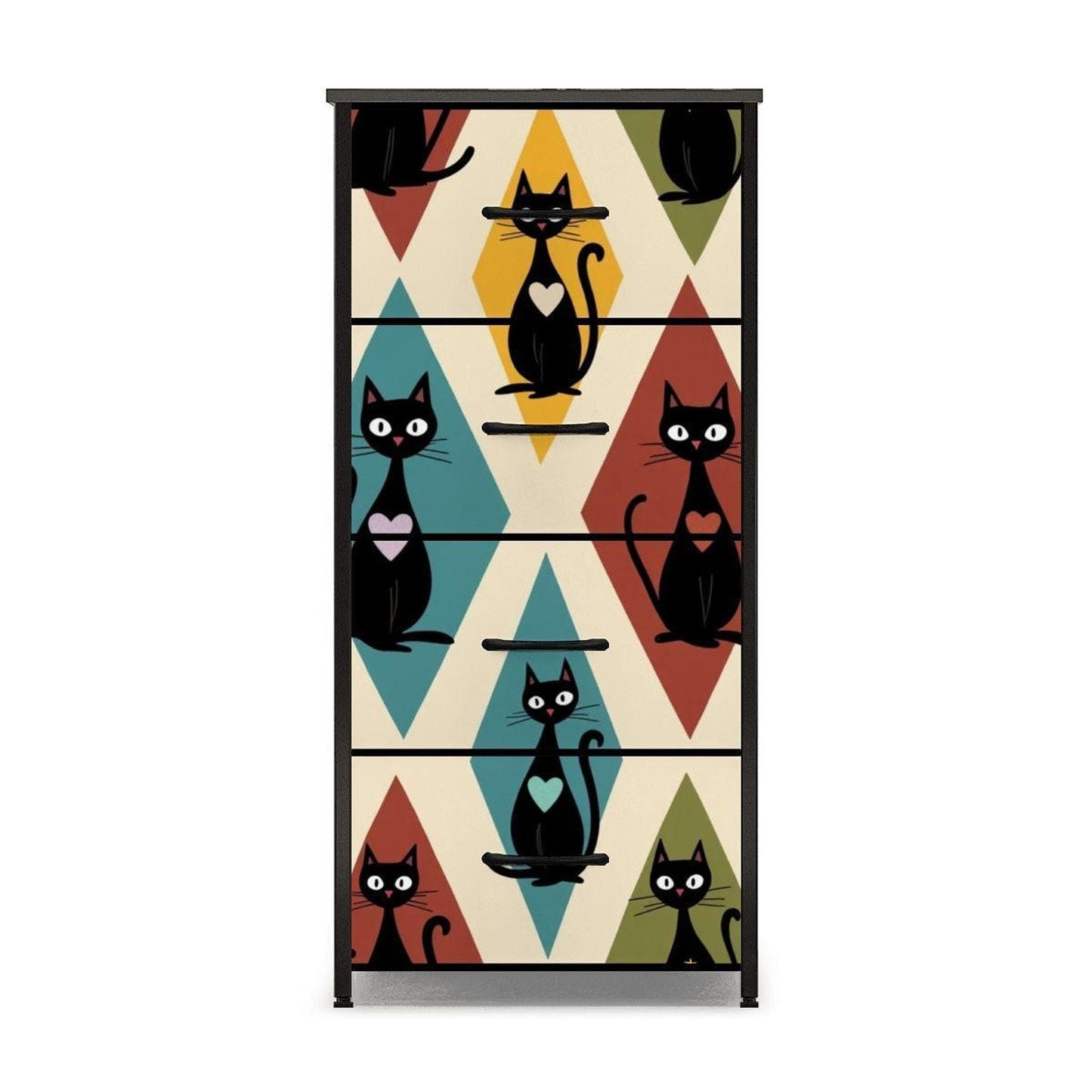 Retro Dresser with 4 Drawers, Colorful Cat Design for Stylish Storage
