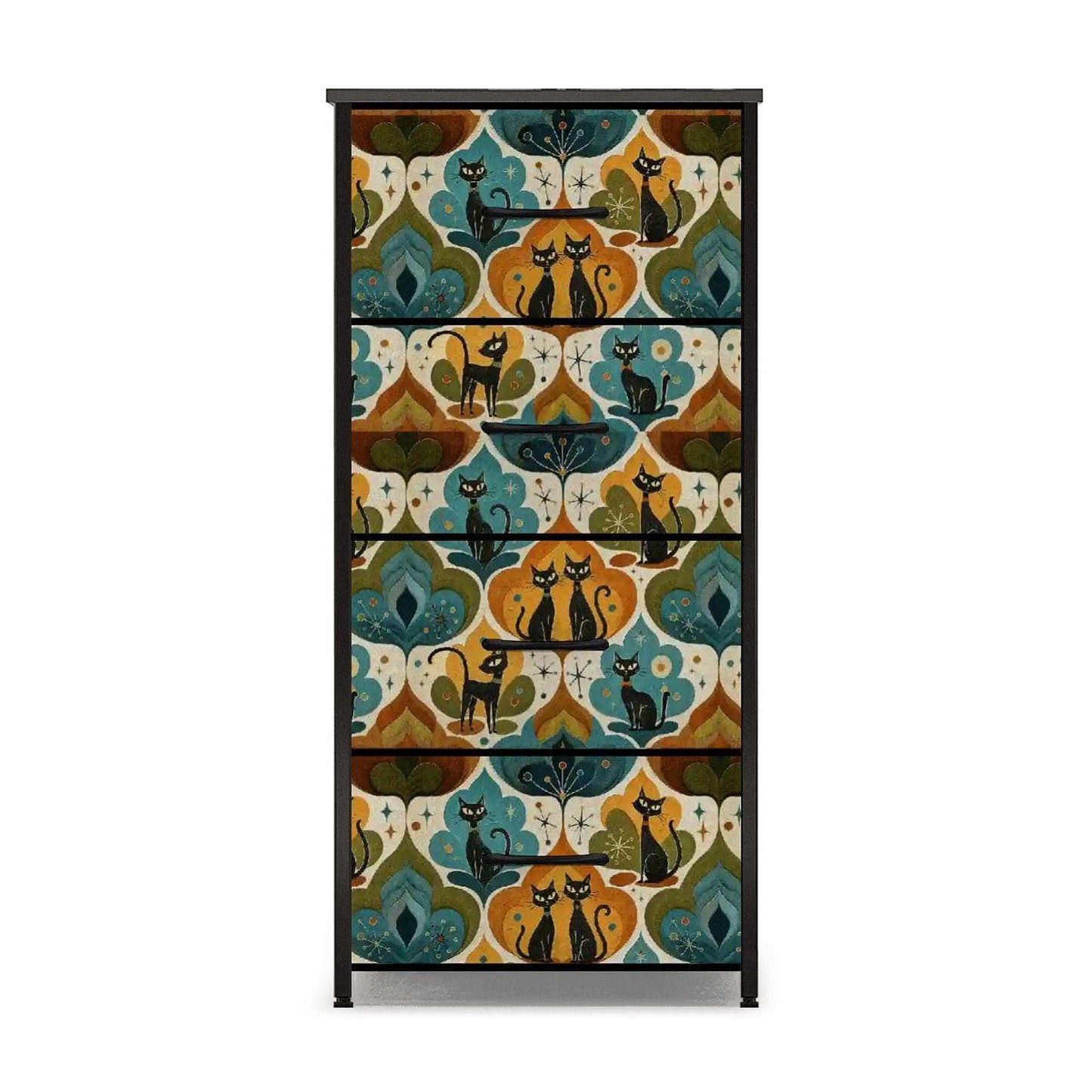 Mid-Century Dresser with Colorful Cat Print Design, Four Drawer Storage Solution