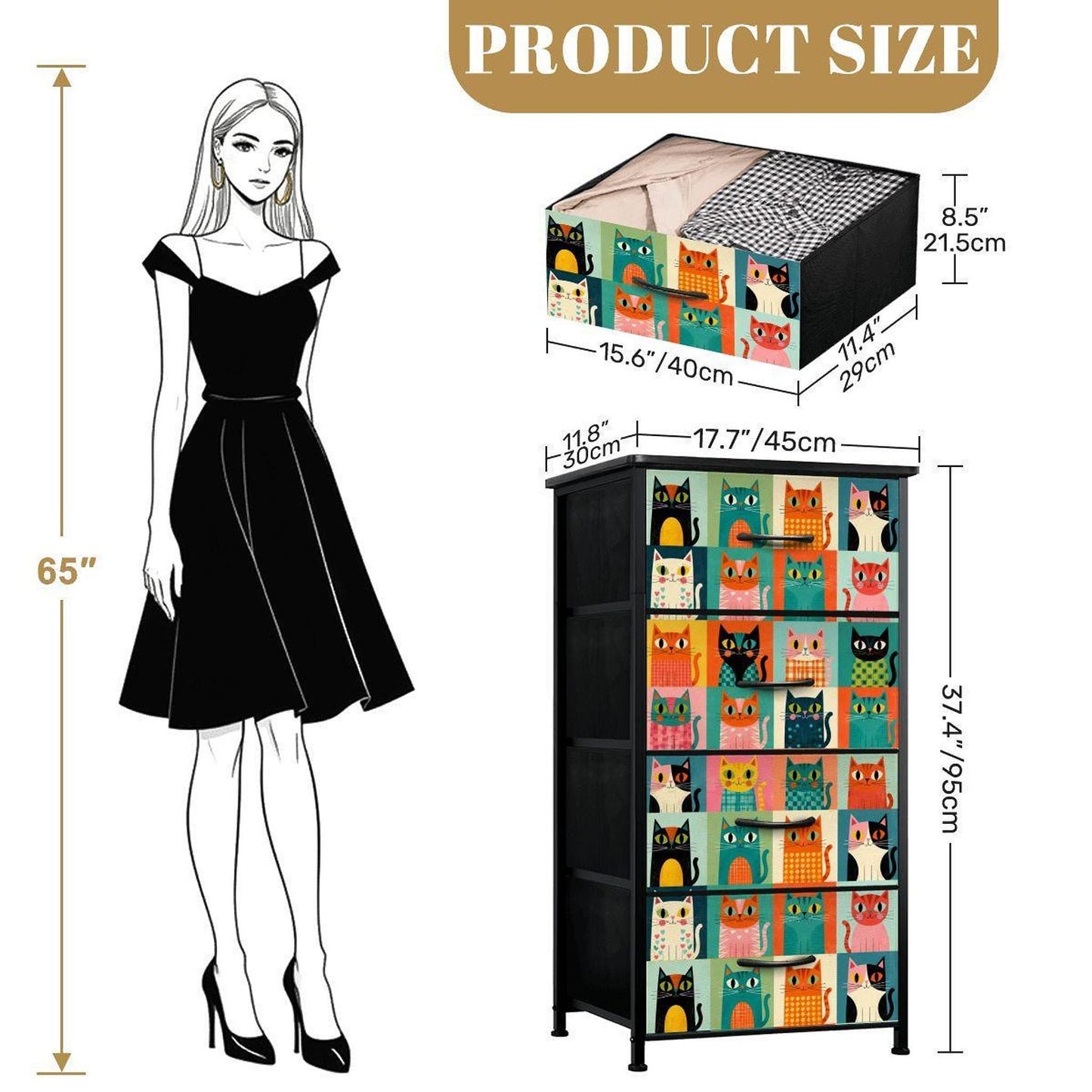 Cat Dresser with Retro Cat Design, 4-Drawer Storage Solution