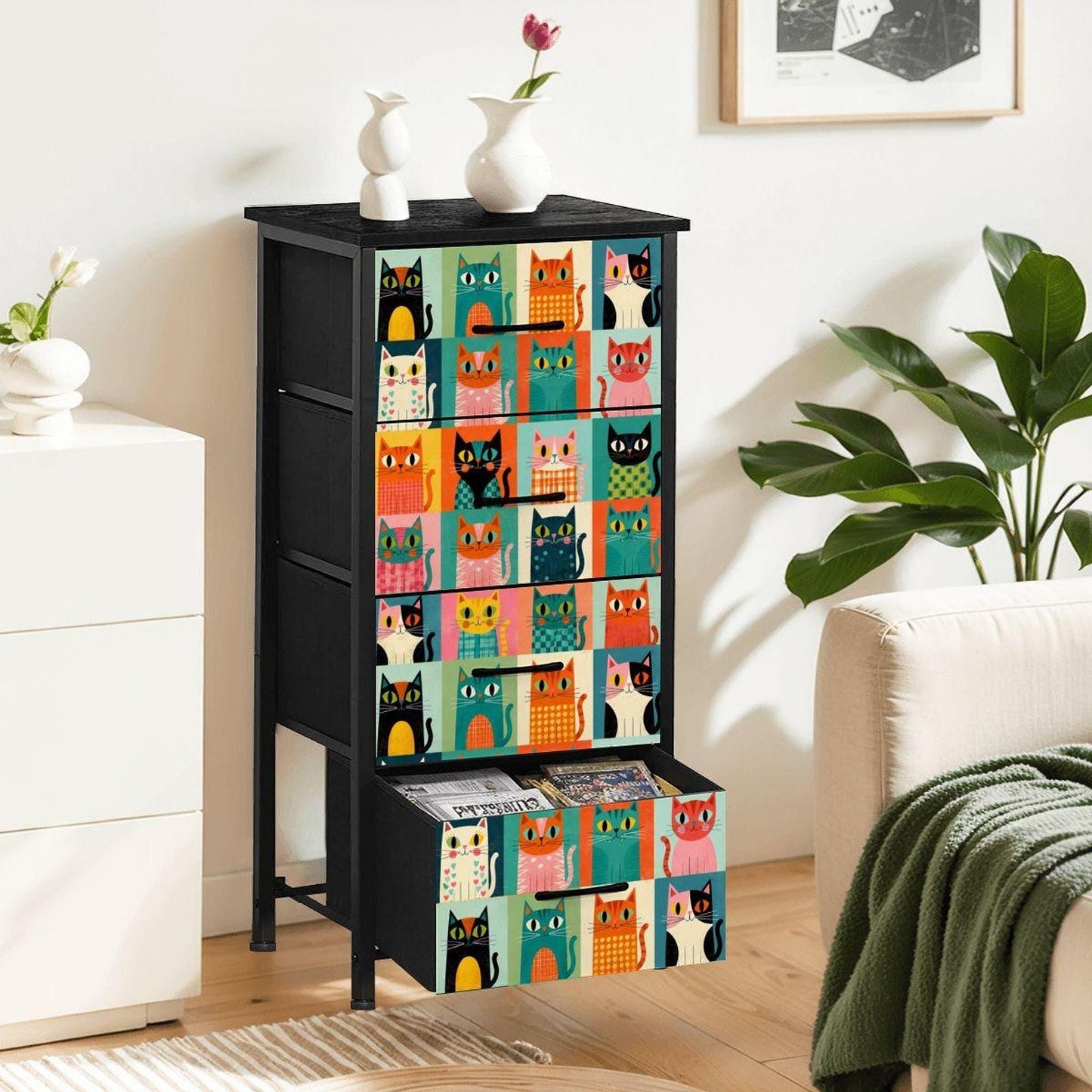 Cat Dresser with Retro Cat Design, 4-Drawer Storage Solution