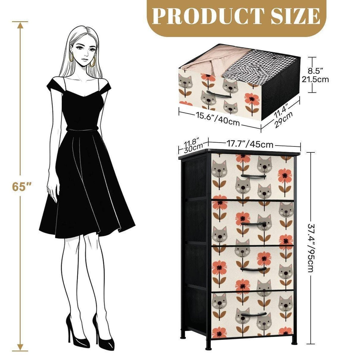 Cat Dresser Storage, 4-Drawer Organizer with Flower Print Design