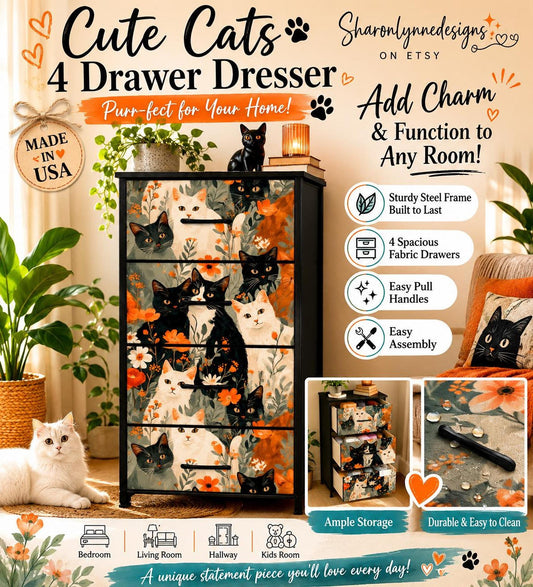 Cat Themed Dresser with 4 Drawers, Vintage Mid Century Organizer Made in USA